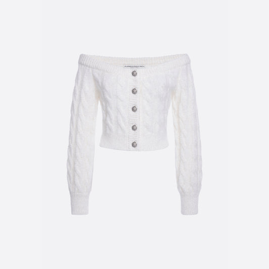 White mohair blend sequin cable knit off-shoulder cardigan with long sleeves and jewel buttons.