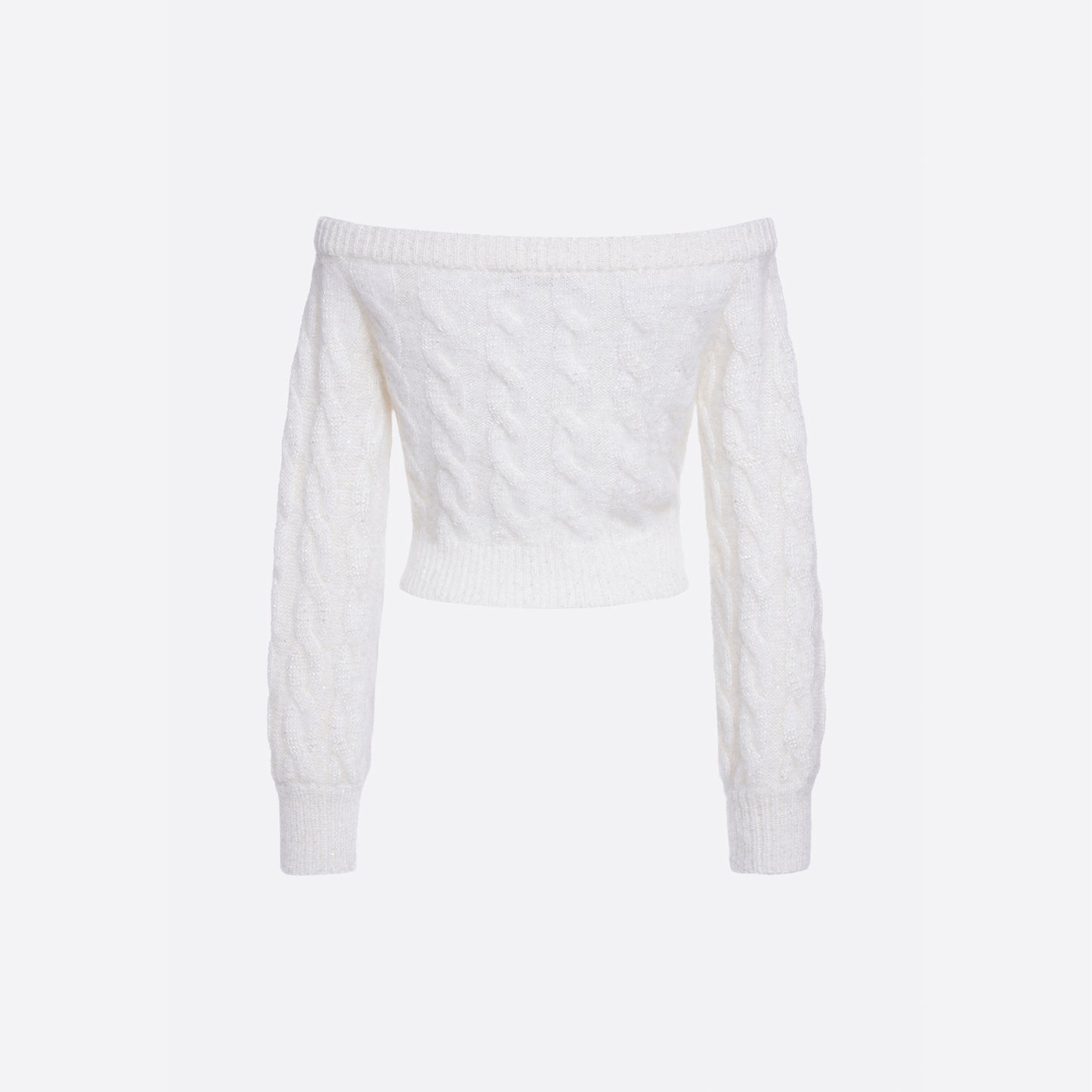 White mohair blend sequin cable knit off-shoulder cardigan with long sleeves and jewel buttons.