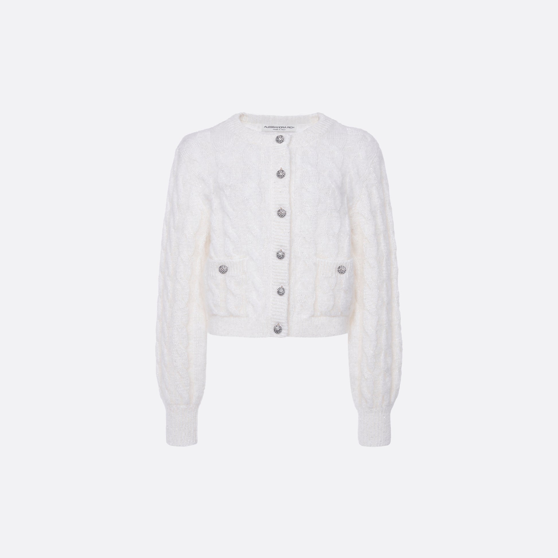 Mohair blend sequin cable knit cardigan.
