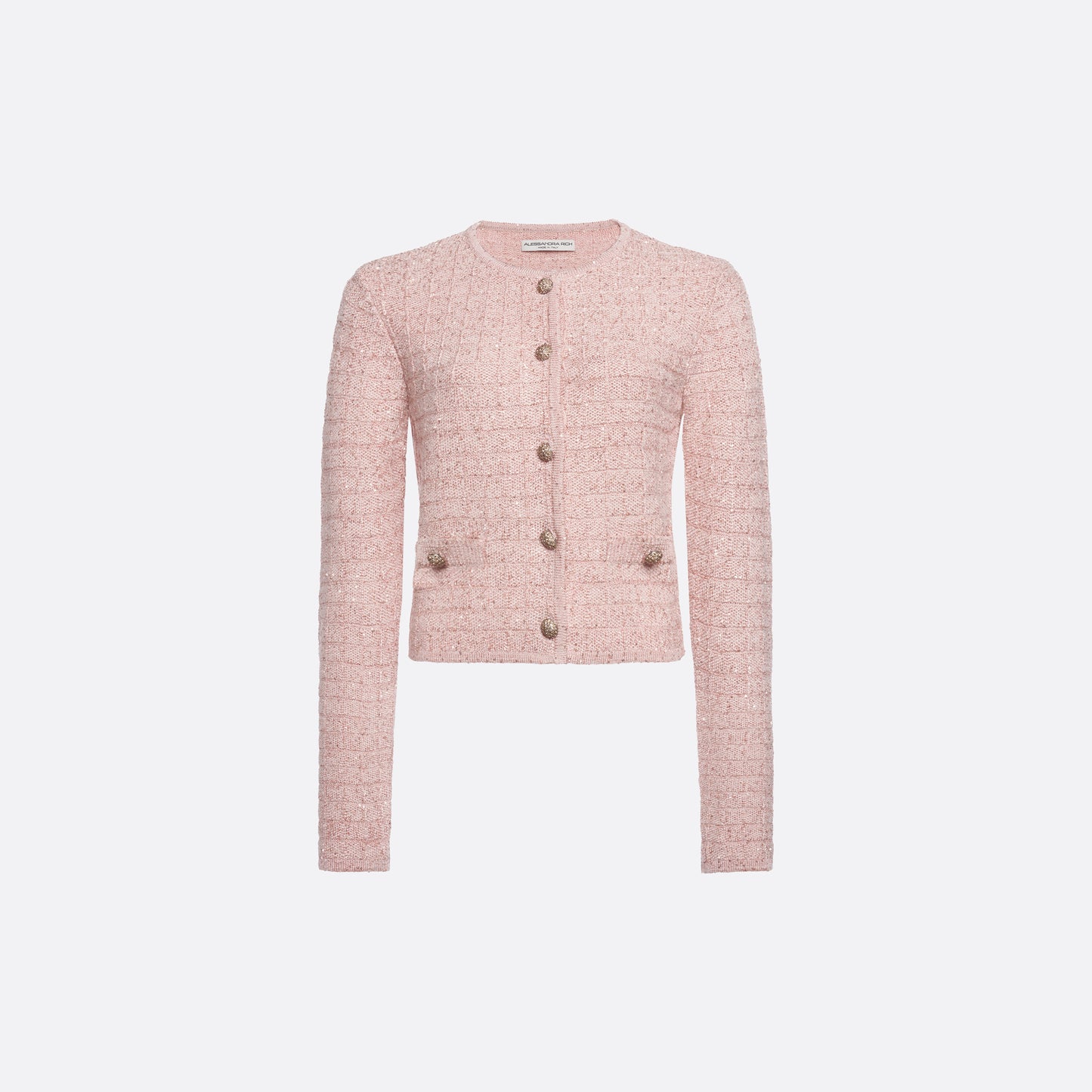 Pink sequin knit fitted cardigan with a round neckline and long sleeves, featuring patch pockets jewel buttons.
