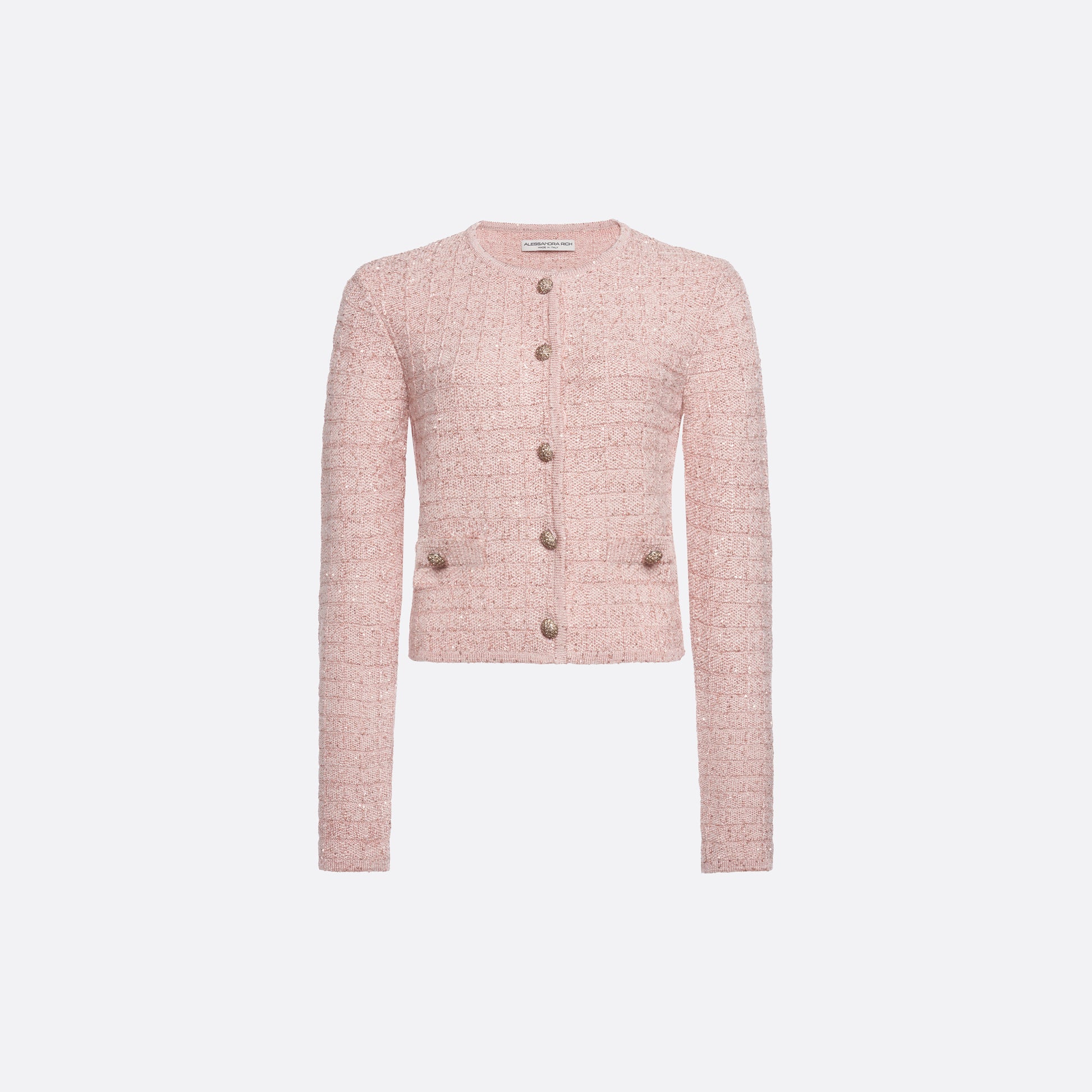 Pink sequin knit fitted cardigan with a round neckline and long sleeves, featuring patch pockets jewel buttons.