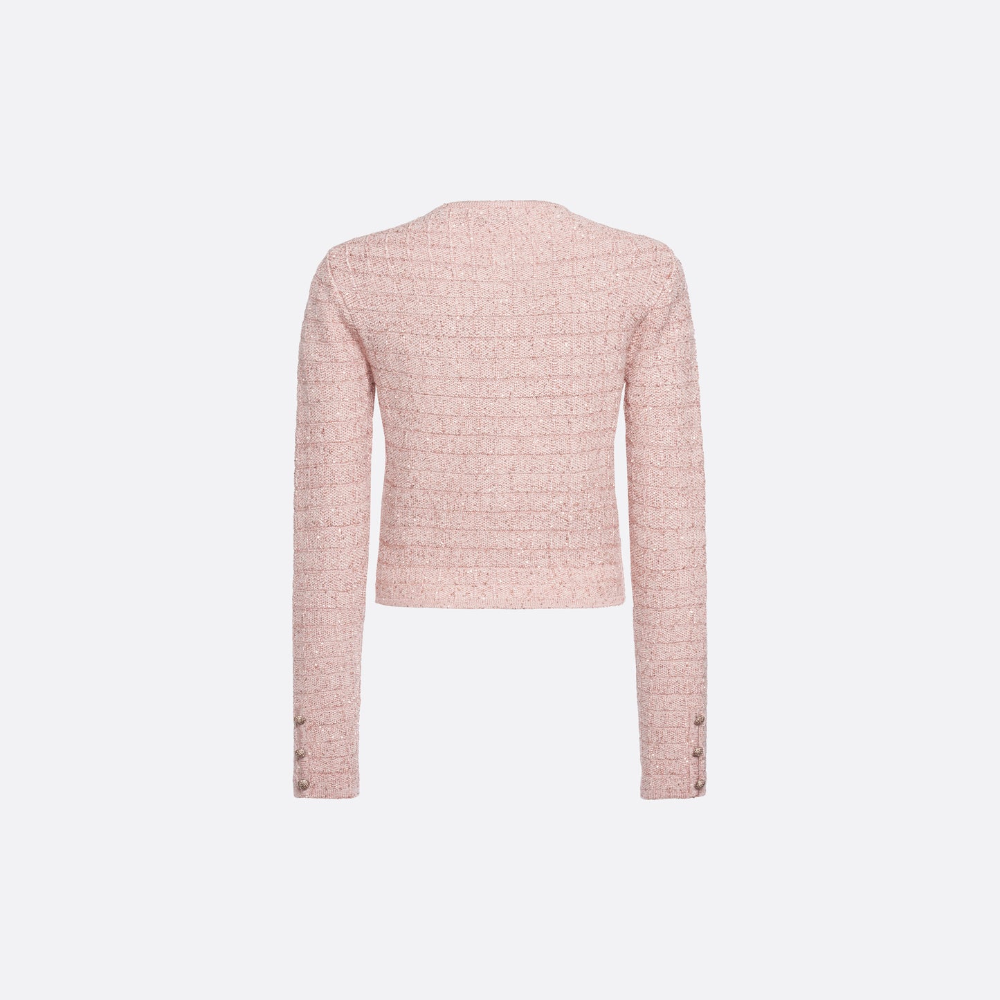 Pink sequin knit fitted cardigan with a round neckline and long sleeves, featuring patch pockets jewel buttons.