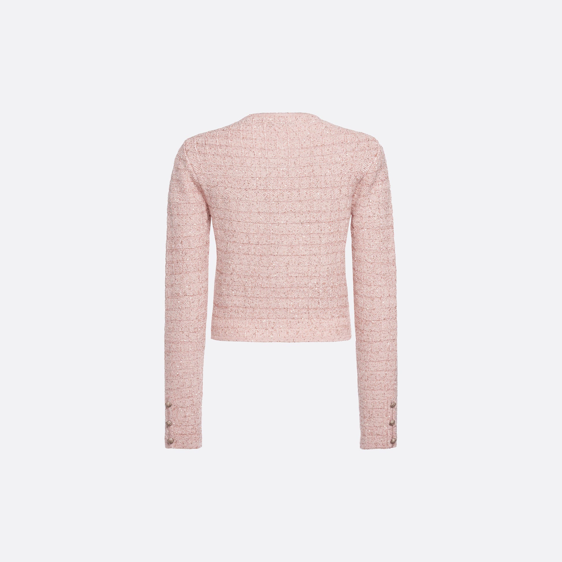 Pink sequin knit fitted cardigan with a round neckline and long sleeves, featuring patch pockets jewel buttons.