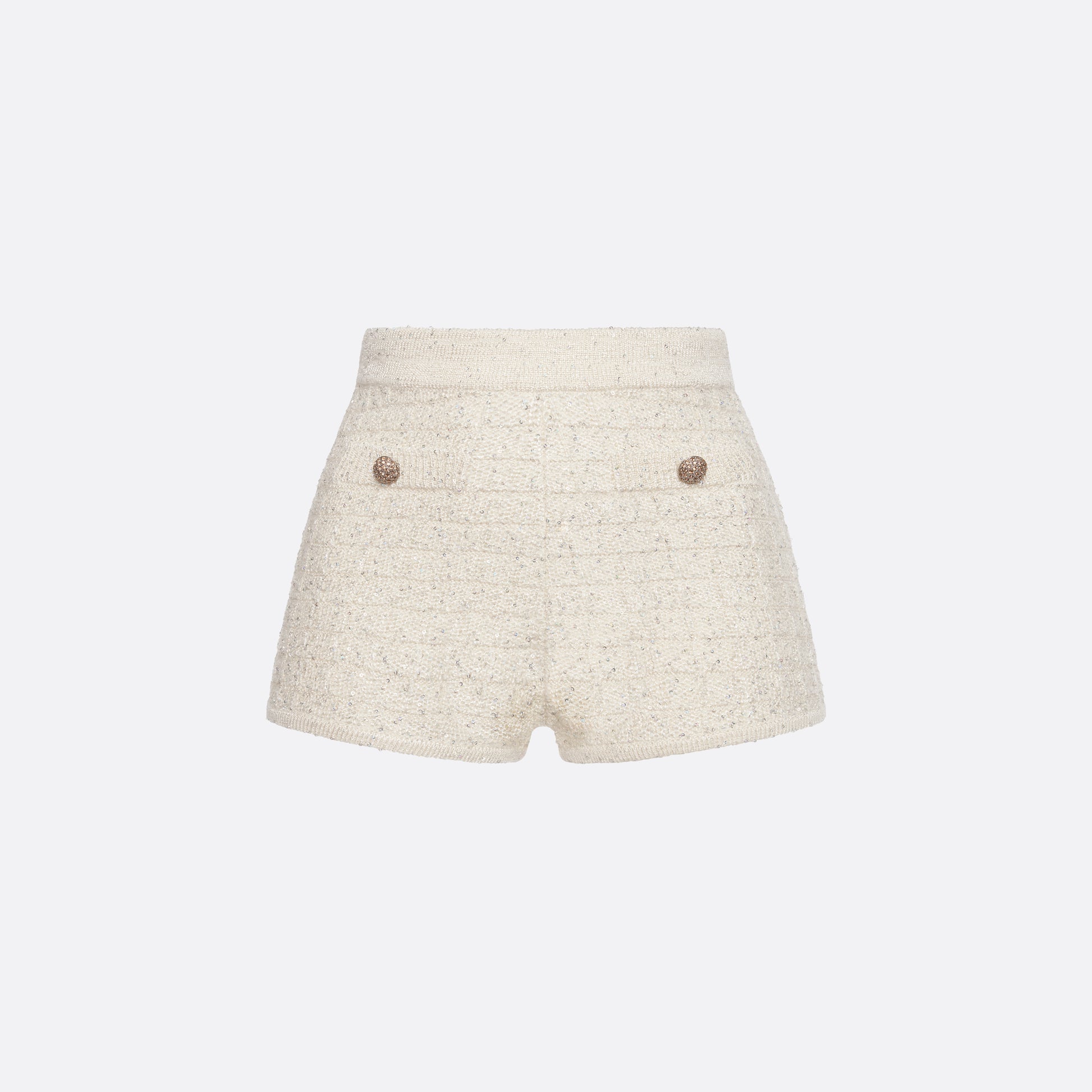 White high-waisted wool sequin knit shorts with jewel buttons.
