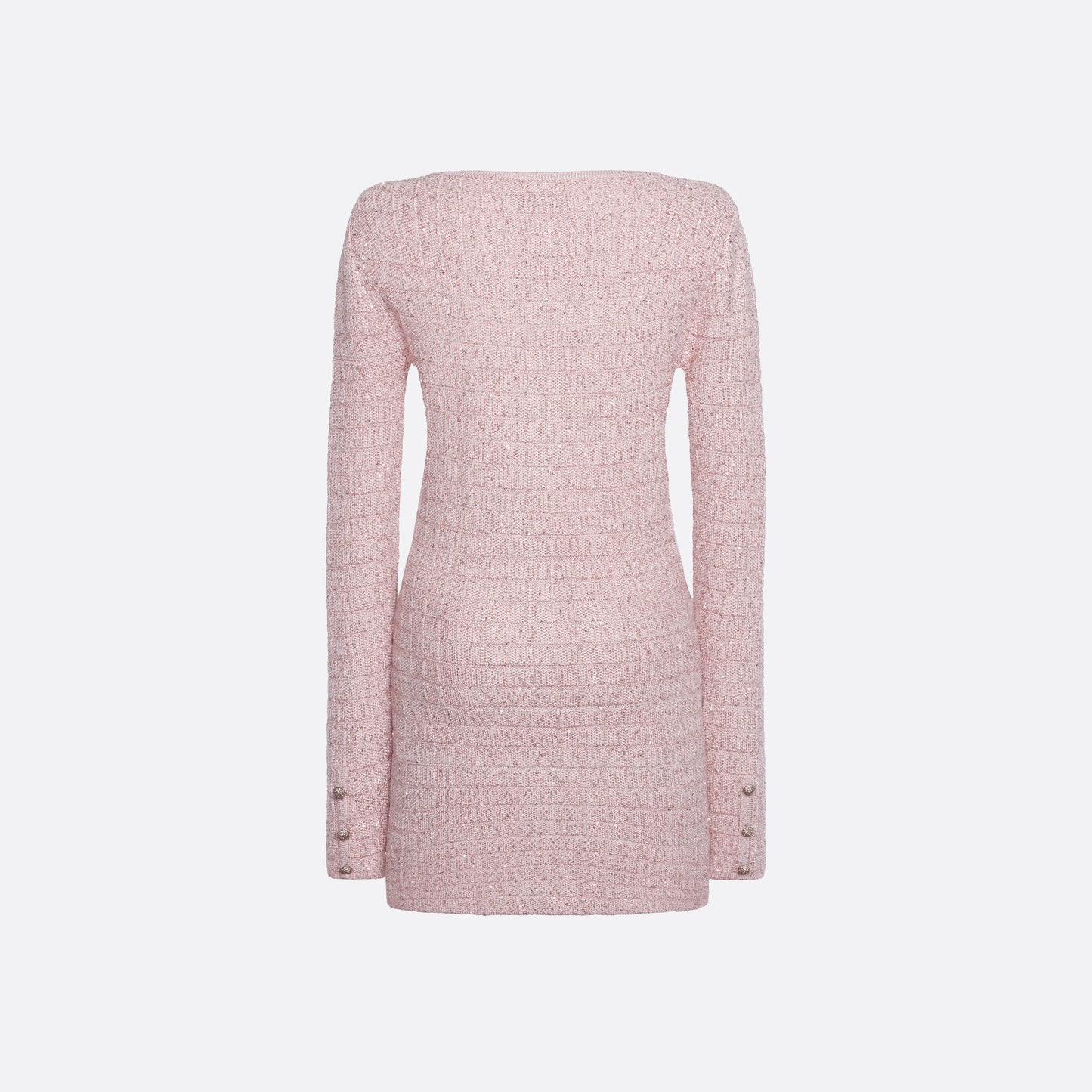 Pink sequin knit mini dress with a scooped neckline and long sleeves, featuring jewel buttons and patch pockets.