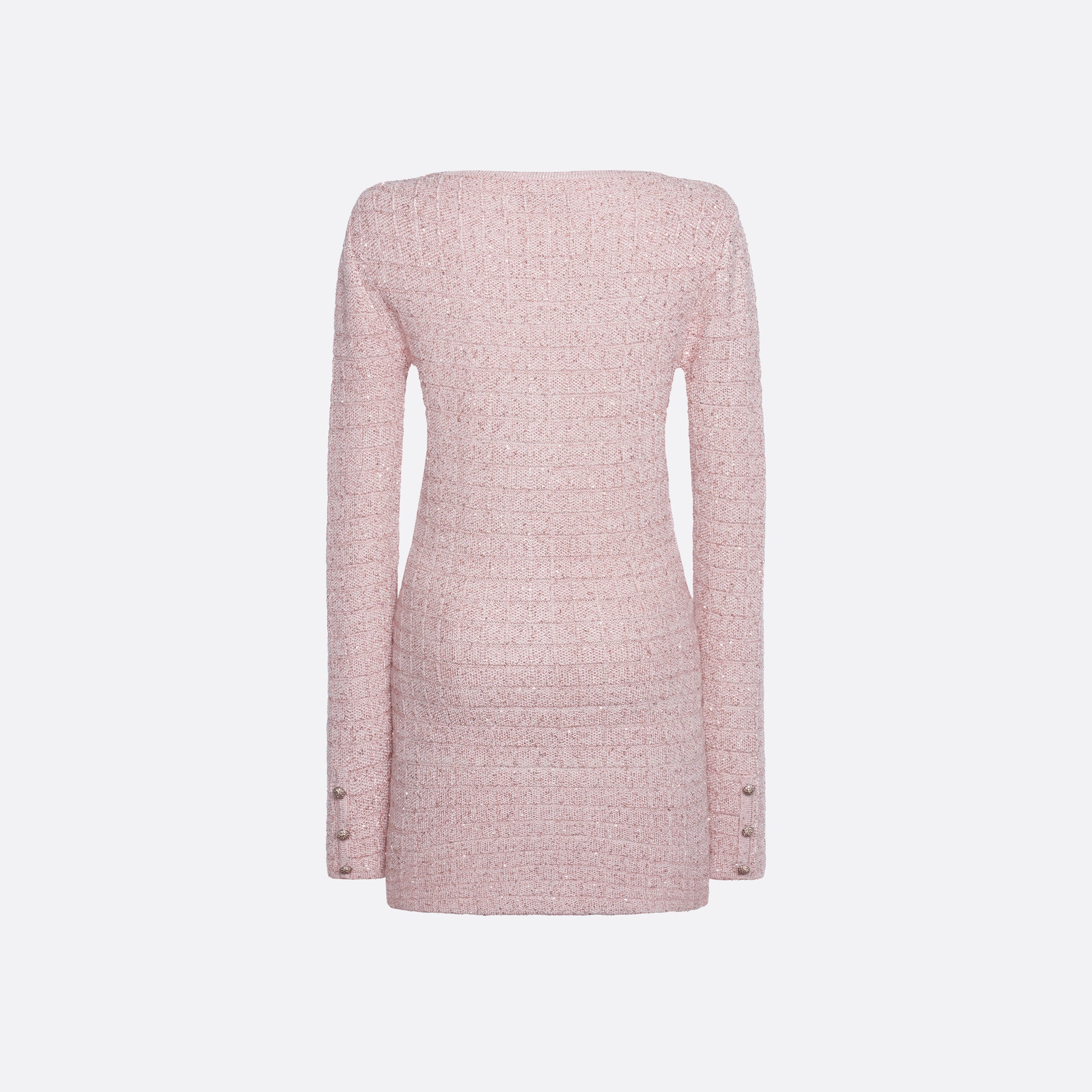 Pink sequin knit mini dress with a scooped neckline and long sleeves, featuring jewel buttons and patch pockets.