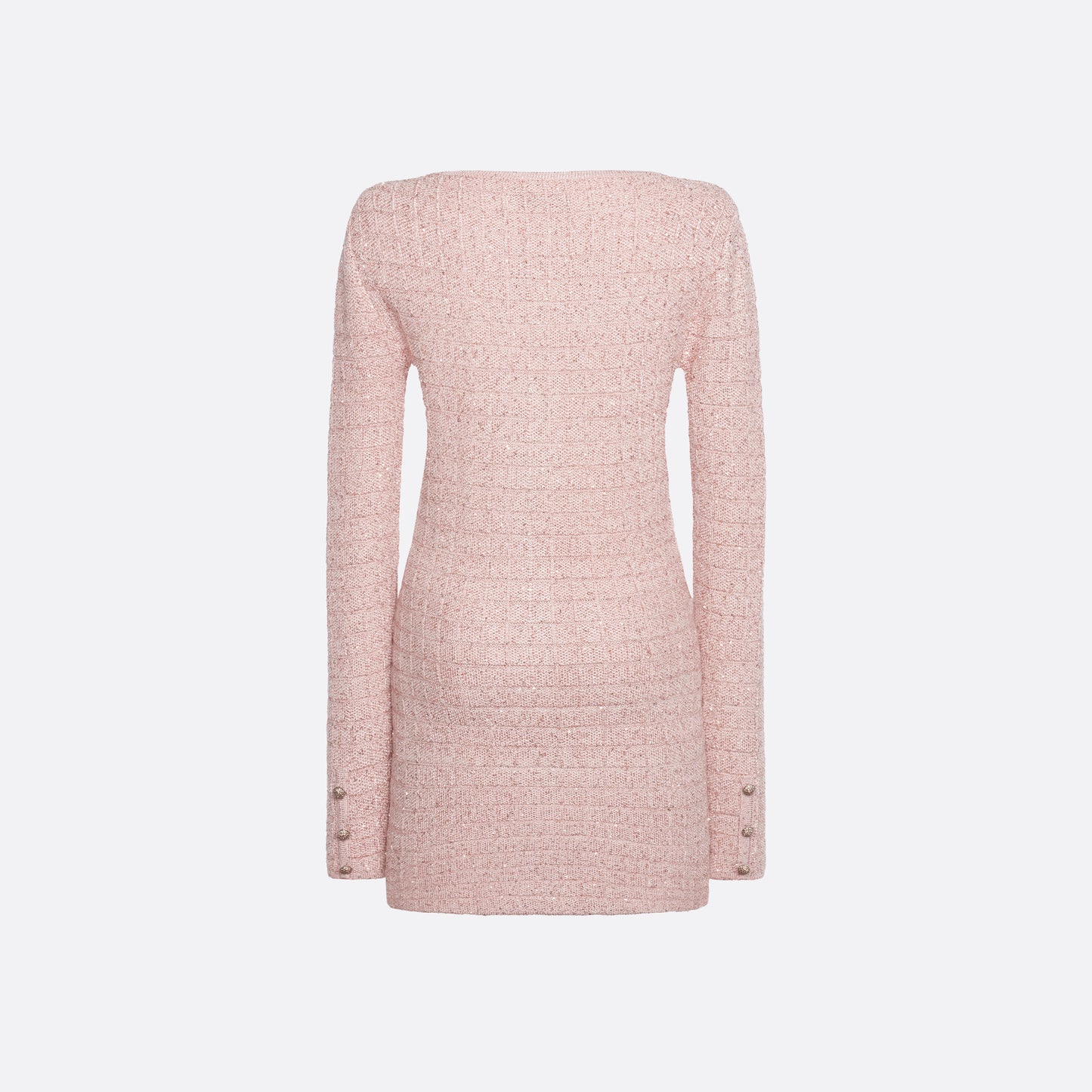 Pink sequin knit mini dress with a scooped neckline and long sleeves, featuring patch pockets jewel buttons.