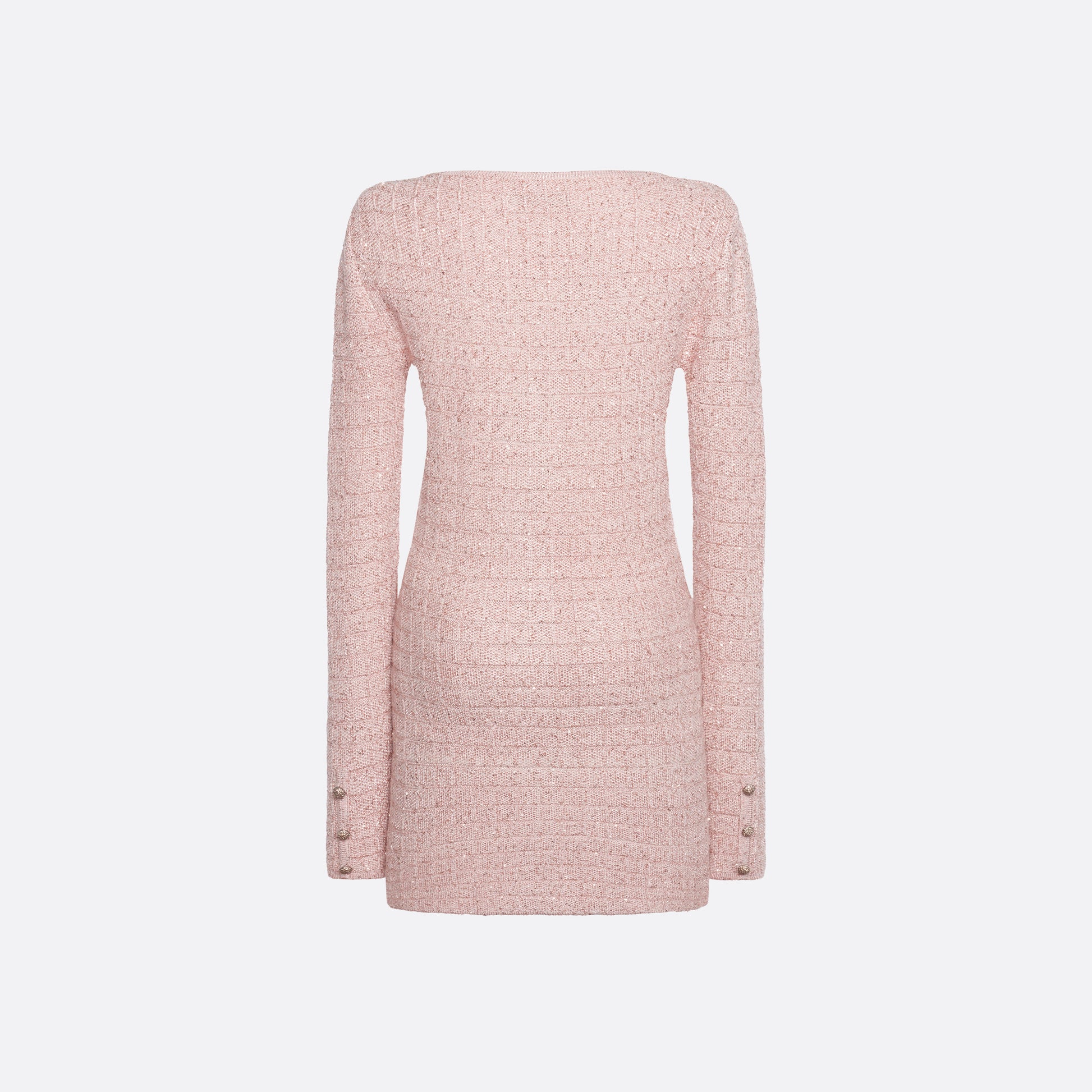 Pink sequin knit mini dress with a scooped neckline and long sleeves, featuring patch pockets jewel buttons.