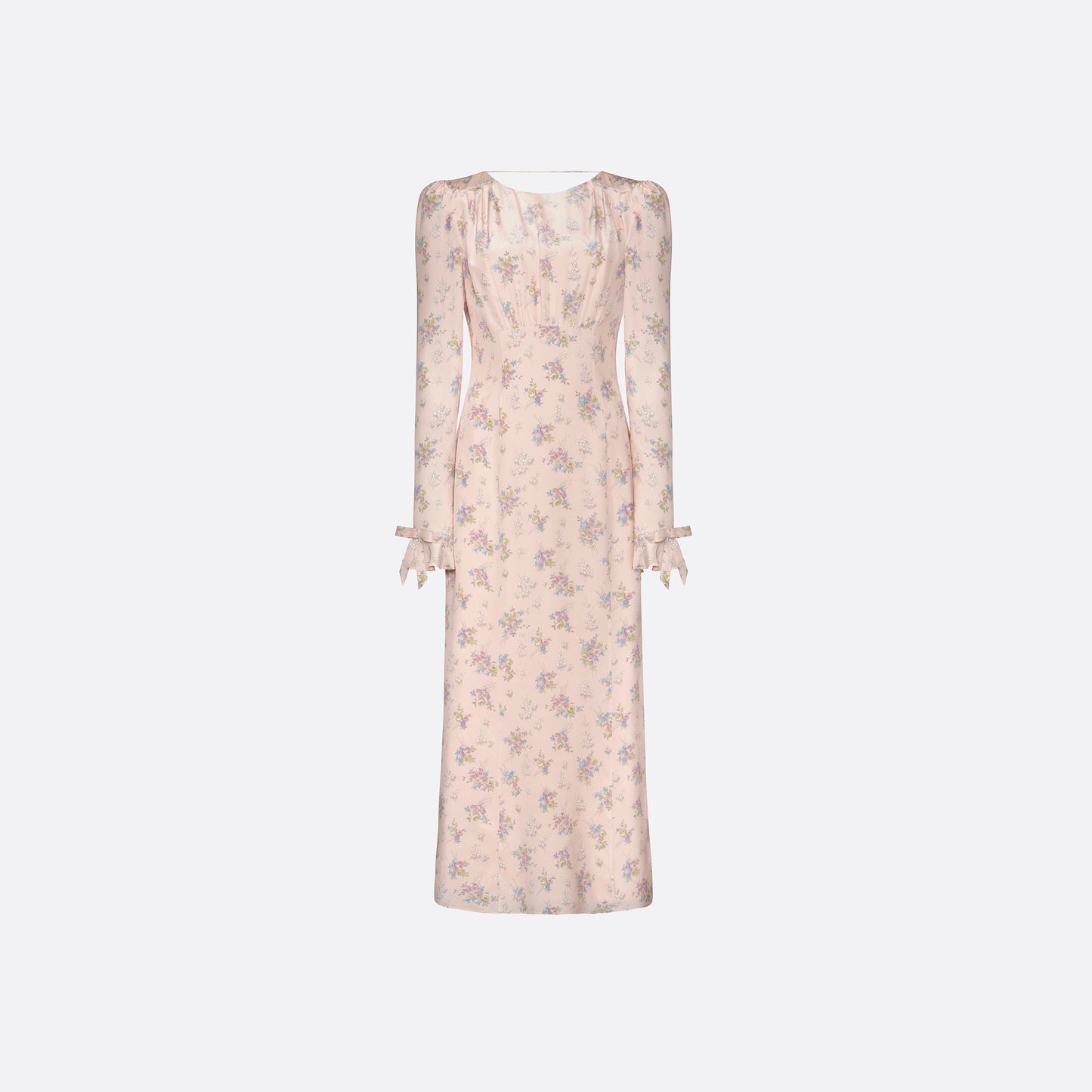 Light rose floral print silk crêpe de chine midi dress with long sleeves and open back, featuring ruffled cuffs and bows.