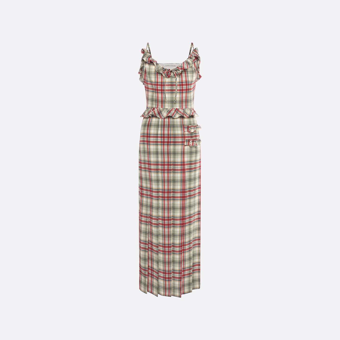 Red and green tartan-print silk crêpe de chine midi dress with spaghetti straps and a ruffled scoop neckline. The silhouette is finished with a pleated skirt with side split, a ruffled waist and buckles.