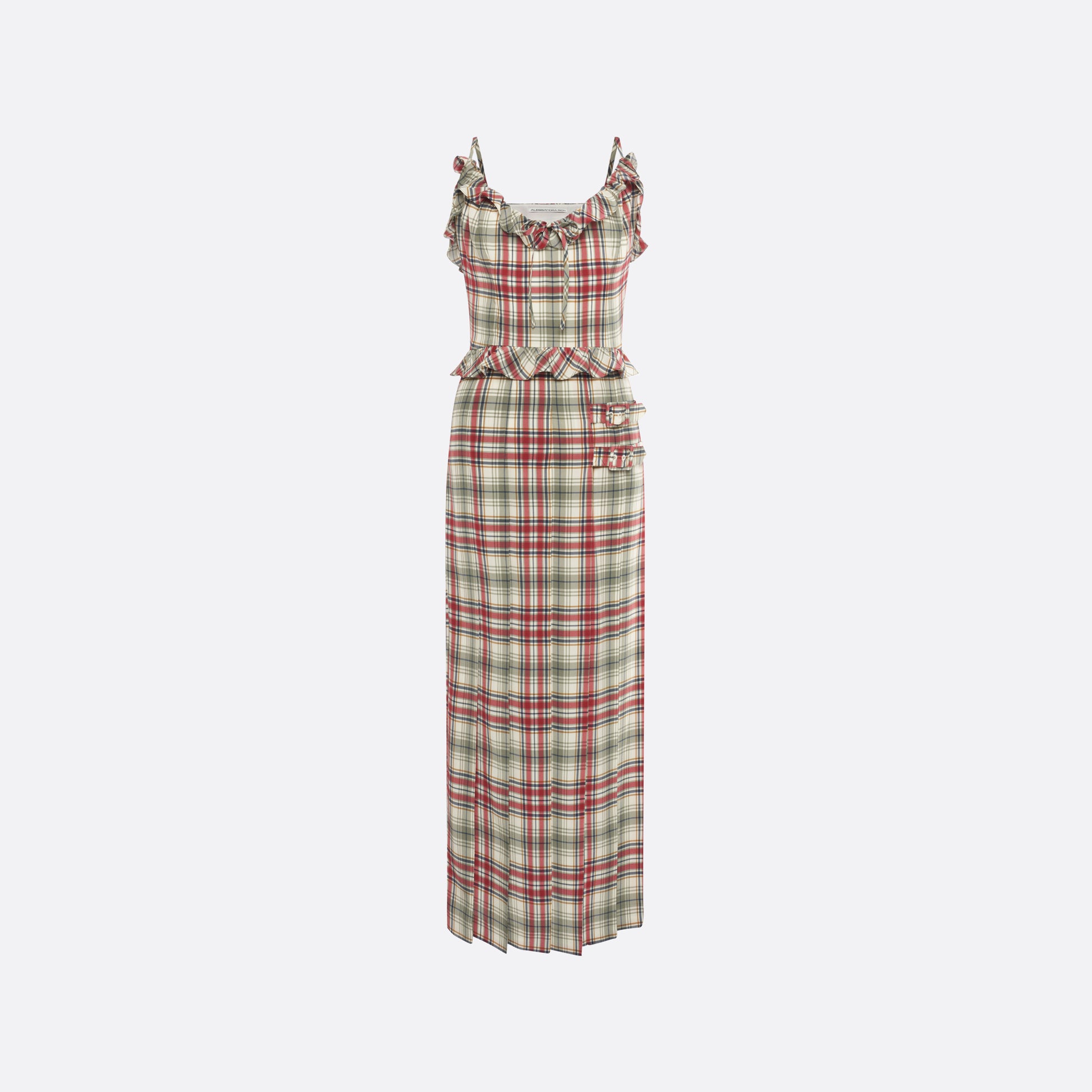 Red and green tartan-print silk crêpe de chine midi dress with spaghetti straps and a ruffled scoop neckline. The silhouette is finished with a pleated skirt with side split, a ruffled waist and buckles.