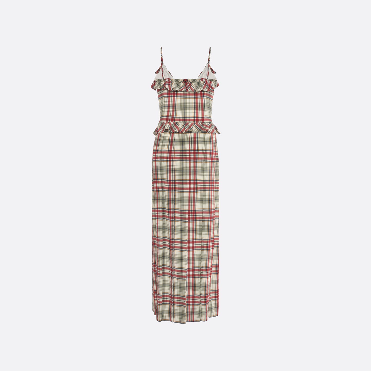 Red and green tartan-print silk crêpe de chine midi dress with spaghetti straps and a ruffled scoop neckline. The silhouette is finished with a pleated skirt with side split, a ruffled waist and buckles.