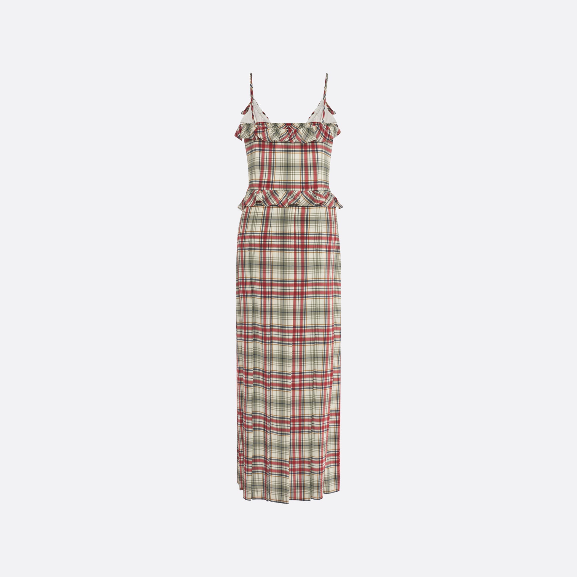 Red and green tartan-print silk crêpe de chine midi dress with spaghetti straps and a ruffled scoop neckline. The silhouette is finished with a pleated skirt with side split, a ruffled waist and buckles.