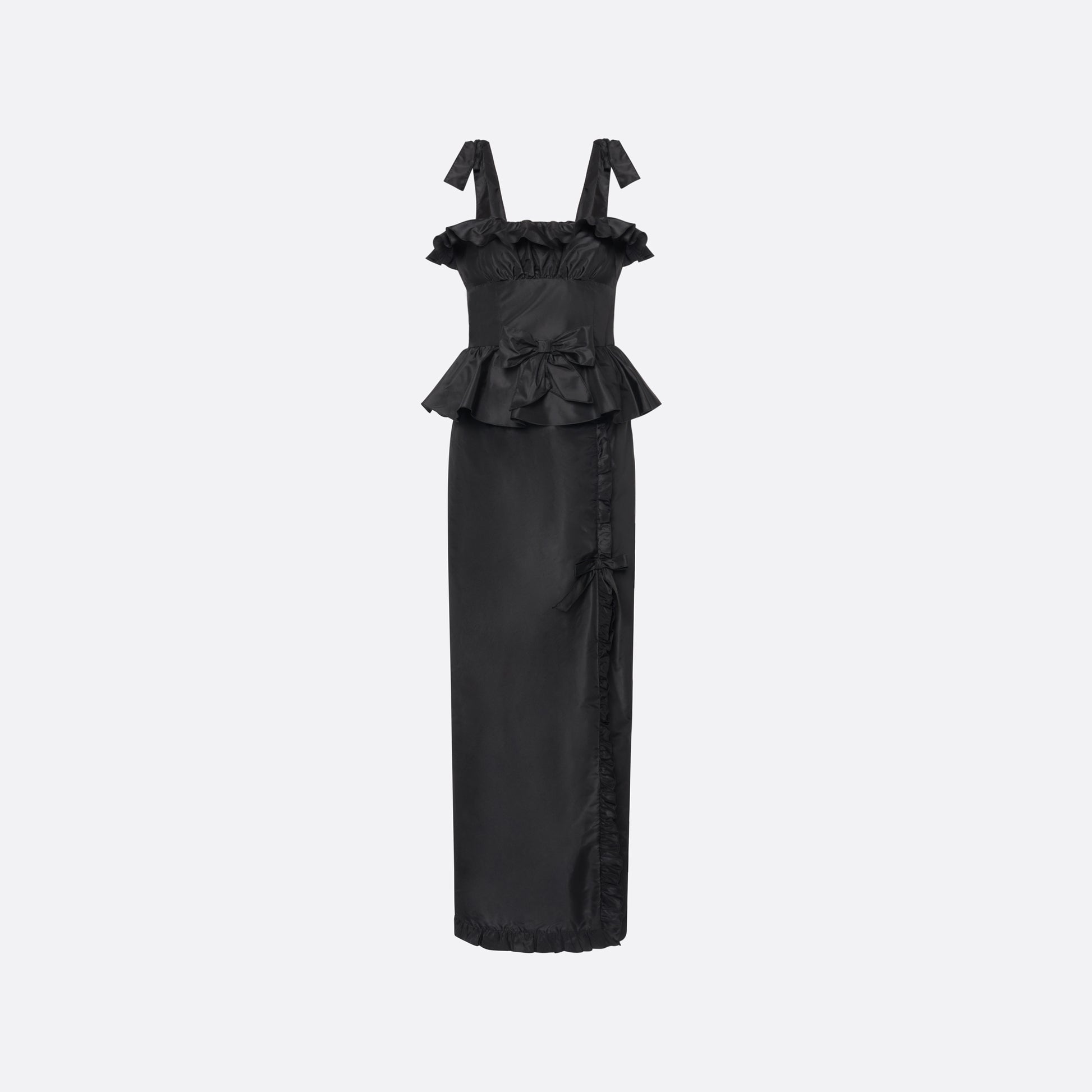 Black silk taffeta midi dress with self-tie shoulder straps and a ruffled neckline. A peplum defines the silhouette, while the straight skirt is finished with a delicate ruffle trim at the split.

Look 22 – Fall Winter 2026 Lookbook.