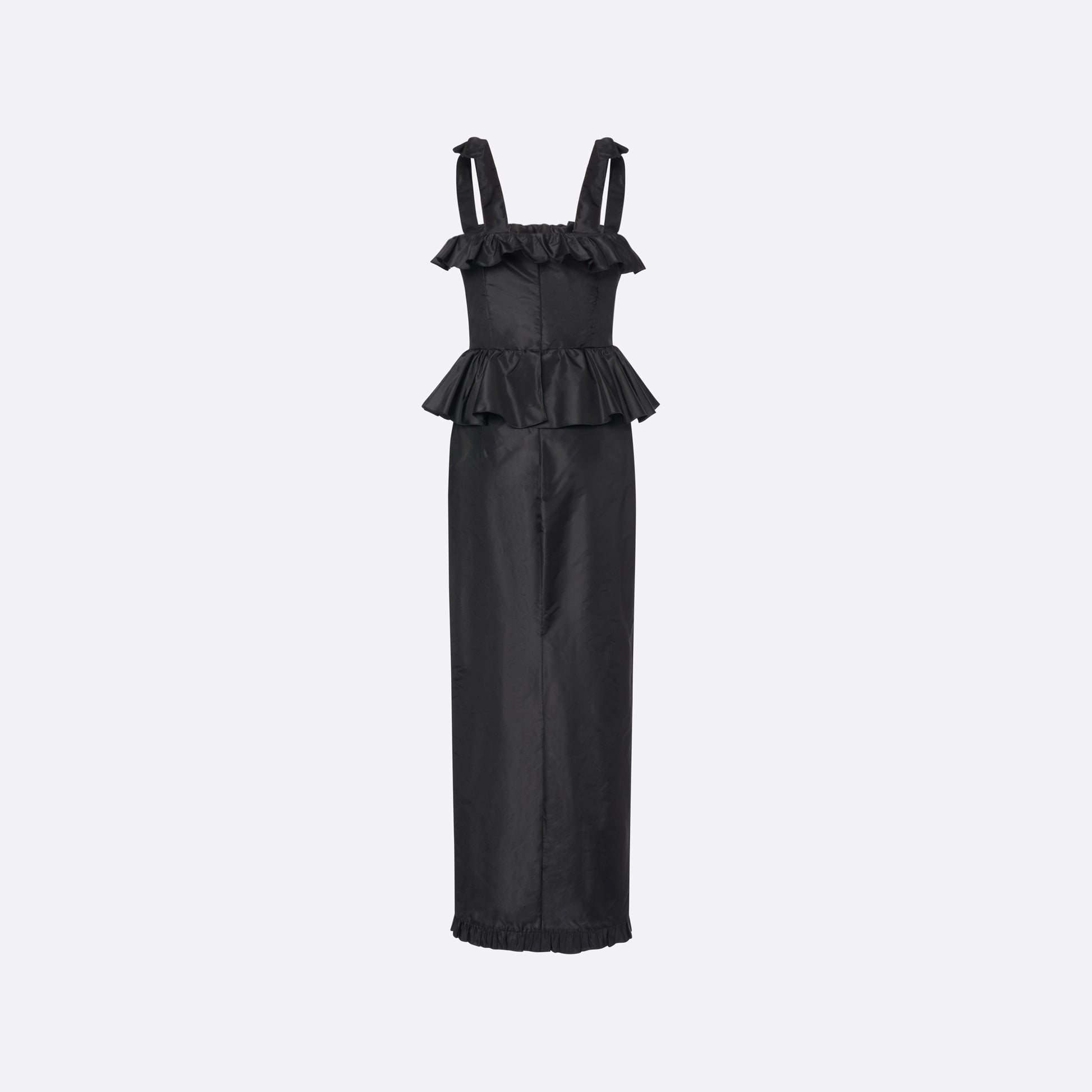Black silk taffeta midi dress with self-tie shoulder straps and a ruffled neckline. A peplum defines the silhouette, while the straight skirt is finished with a delicate ruffle trim at the split.

Look 22 – Fall Winter 2026 Lookbook.