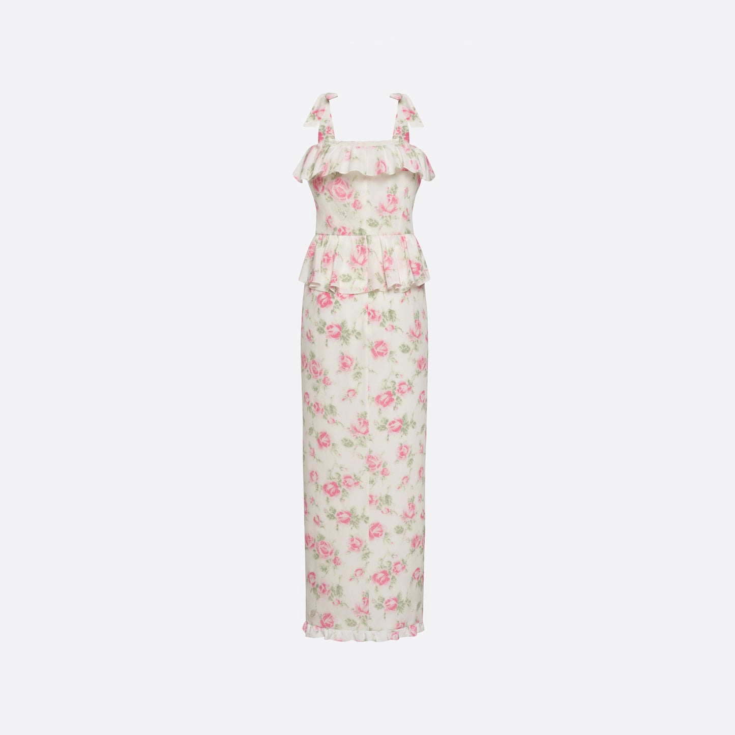 Pink and white floral-print silk crêpe de chine midi dress with self-tie shoulder straps and a ruffled neckline. A peplum defines the silhouette, while the straight skirt is finished with delicate ruffle trim.