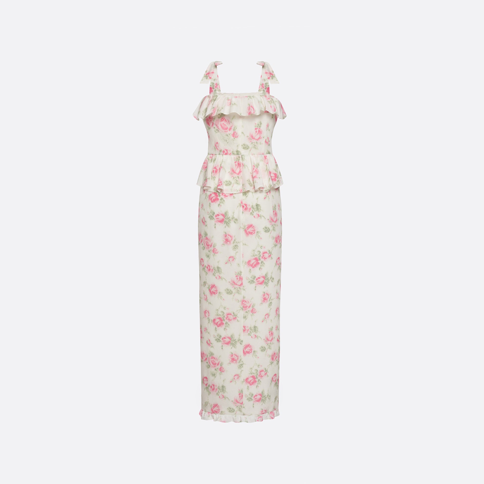 Pink and white floral-print silk crêpe de chine midi dress with self-tie shoulder straps and a ruffled neckline. A peplum defines the silhouette, while the straight skirt is finished with delicate ruffle trim.
