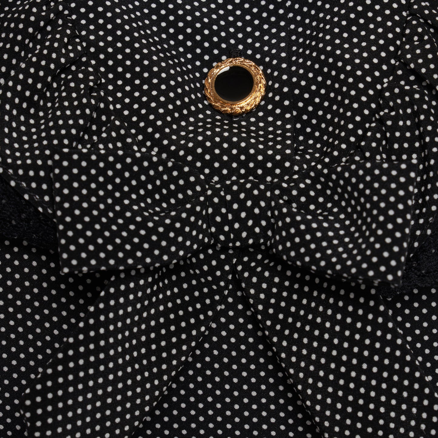 Black and white small polka-dot print silk crêpe de chine midi dress with short puffed sleeeves and black and old tone buttons. Finished with a lace trimmed collar and ruffled bib detailing.

Look 31 – Fall Winter 2026 Lookbook.