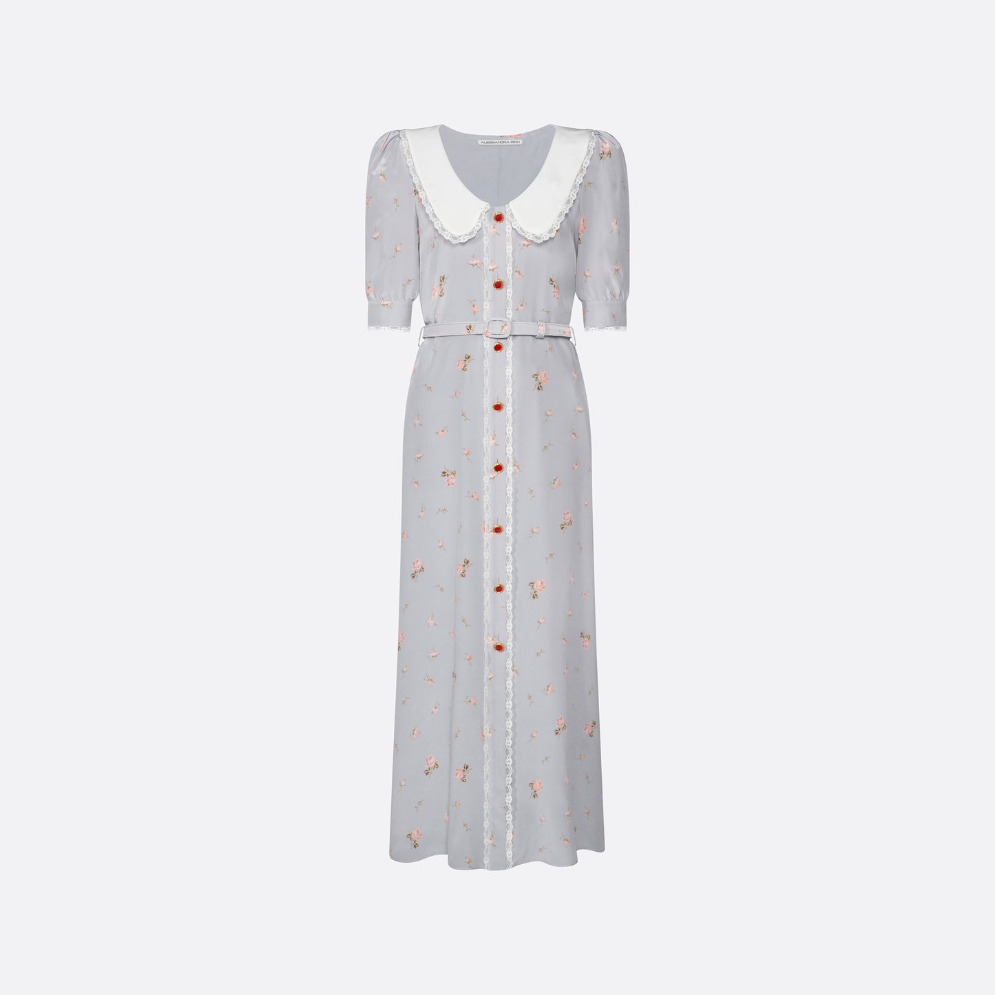 Pearl-grey and pink floral-print silk crêpe de chine midi dress with a front button closure, a rounded collar framed by lace trim and short puff sleeves. Finished with red and gold-tone buttons and a slim belt.