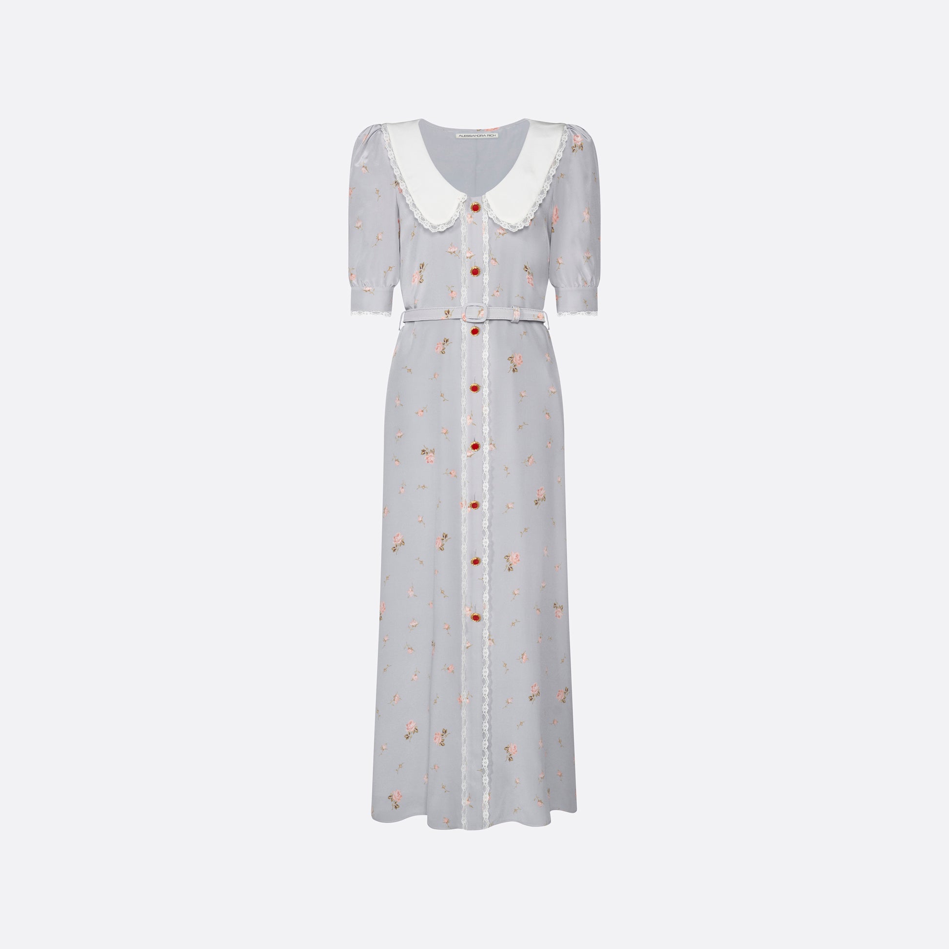 Pearl-grey and pink floral-print silk crêpe de chine midi dress with a front button closure, a rounded collar framed by lace trim and short puff sleeves. Finished with red and gold-tone buttons and a slim belt.