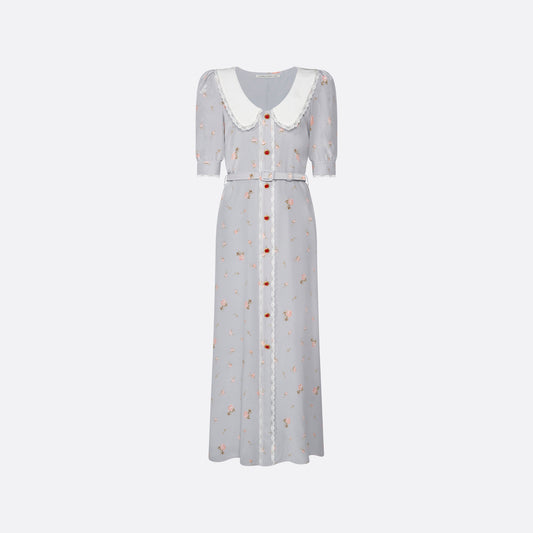 Pearl-grey and pink floral-print silk crêpe de chine midi dress with a front button closure, a rounded collar framed by lace trim and short puff sleeves. Finished with red and gold-tone buttons and a slim belt.