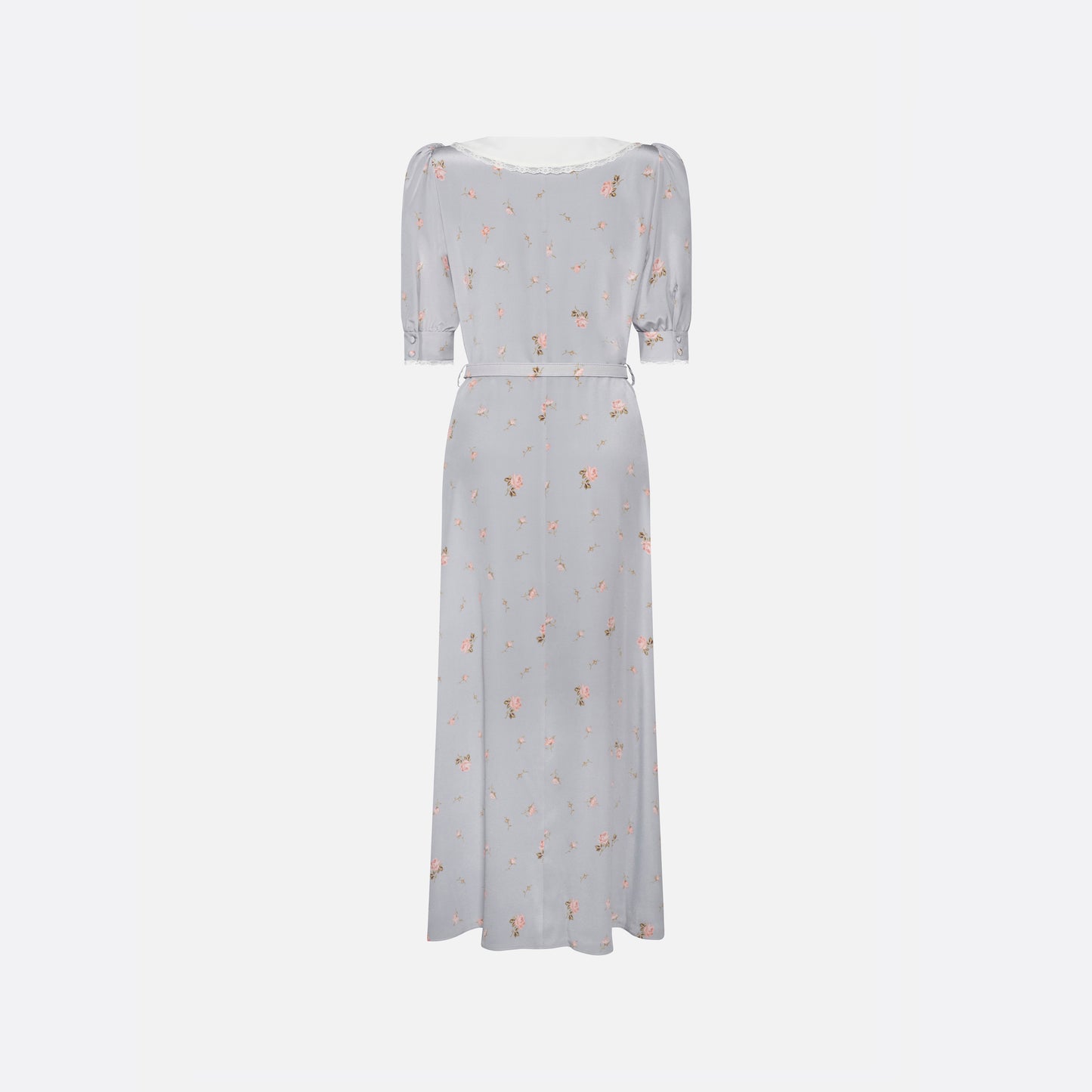 Pearl-grey and pink floral-print silk crêpe de chine midi dress with a front button closure, a rounded collar framed by lace trim and short puff sleeves. Finished with red and gold-tone buttons and a slim belt.