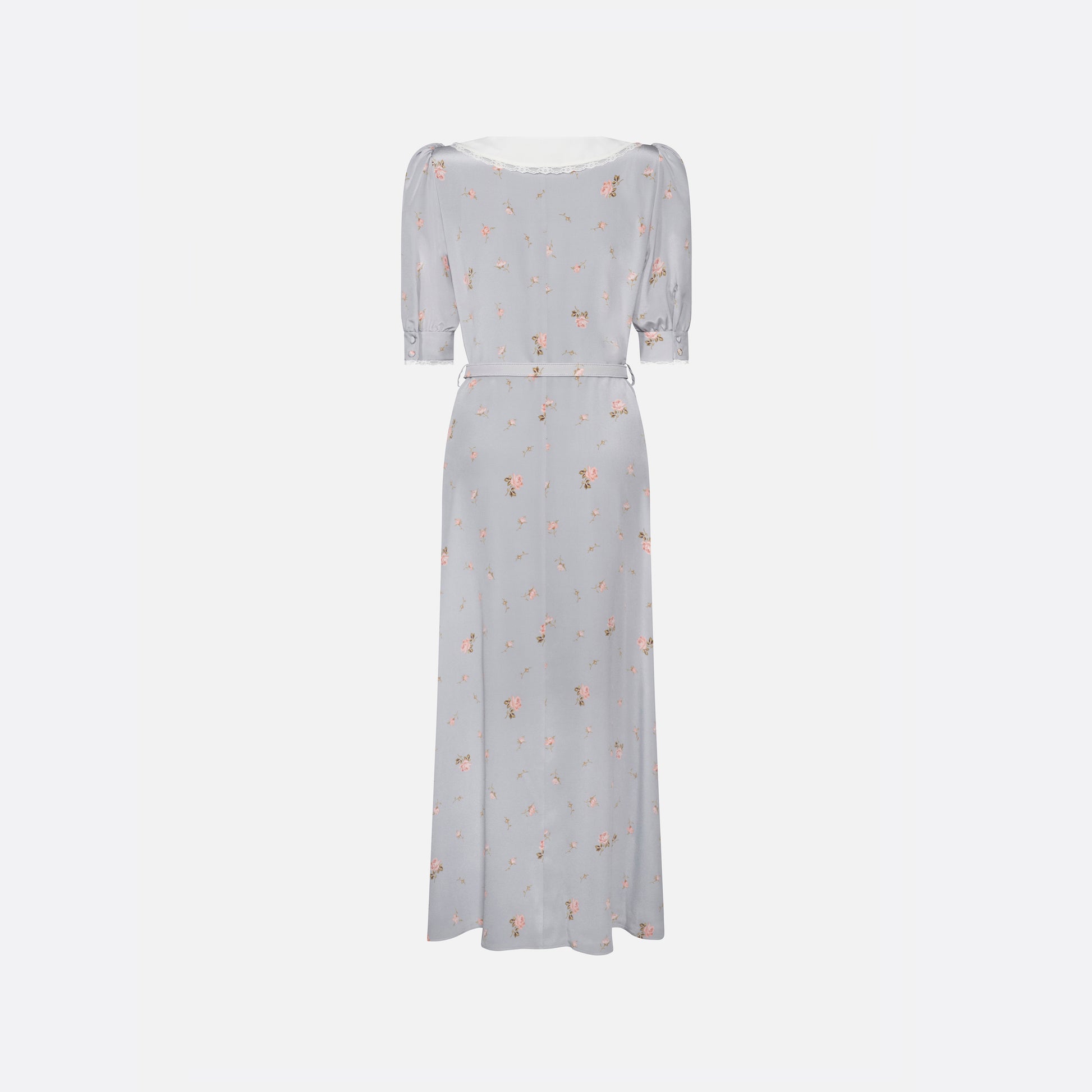 Pearl-grey and pink floral-print silk crêpe de chine midi dress with a front button closure, a rounded collar framed by lace trim and short puff sleeves. Finished with red and gold-tone buttons and a slim belt.