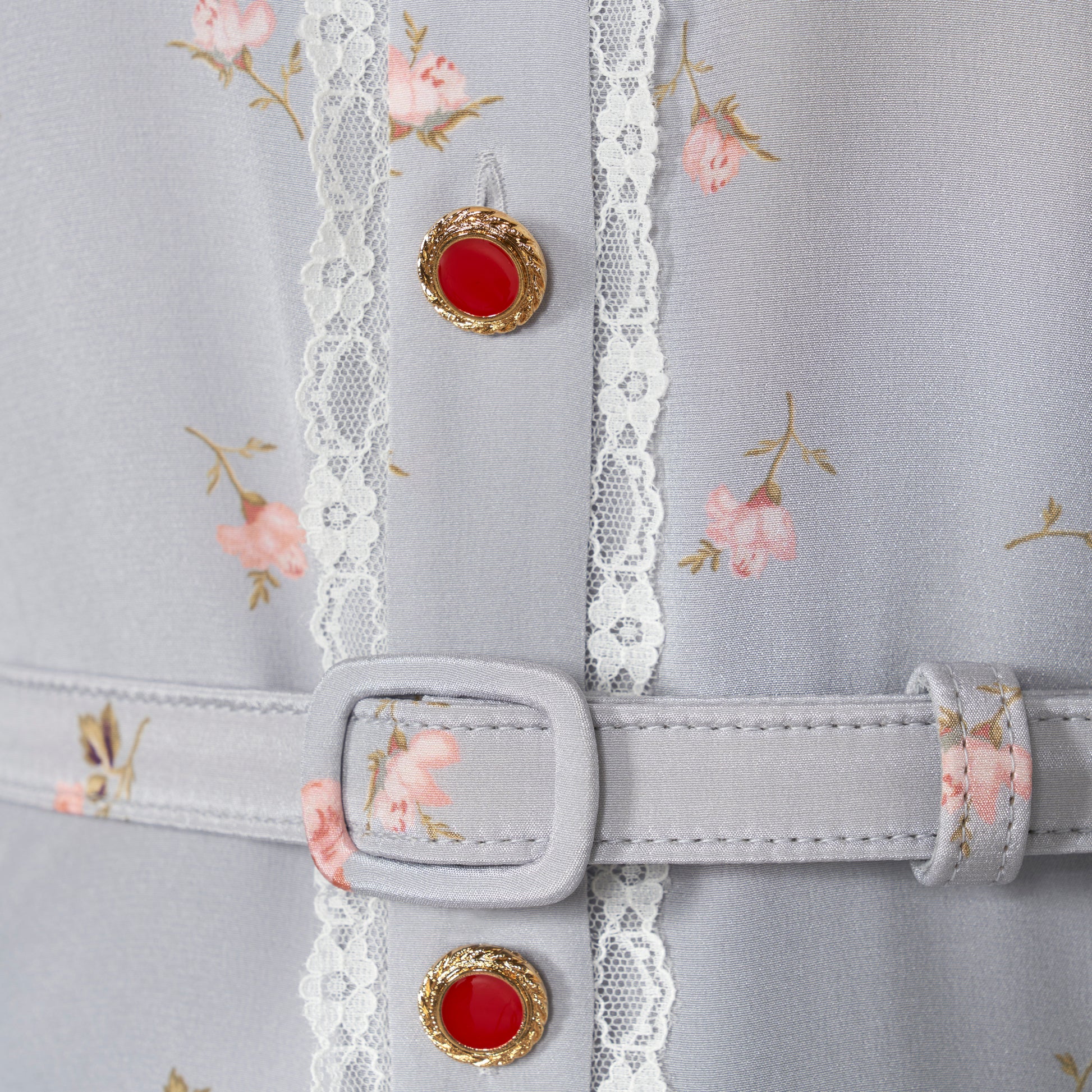 Pearl-grey and pink floral-print silk crêpe de chine midi dress with a front button closure, a rounded collar framed by lace trim and short puff sleeves. Finished with red and gold-tone buttons and a slim belt.