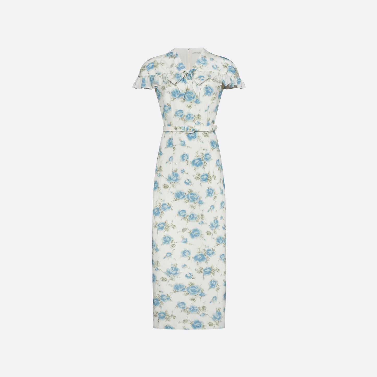 Light blue and white floral-print silk crêpe de chine midi dress with a high neckline and bow detail. With a fitted silhouette, it is finished with ruffle-trimmed short sleeves and a slim belt.

Look 14 – Fall Winter 2026 Lookbook.