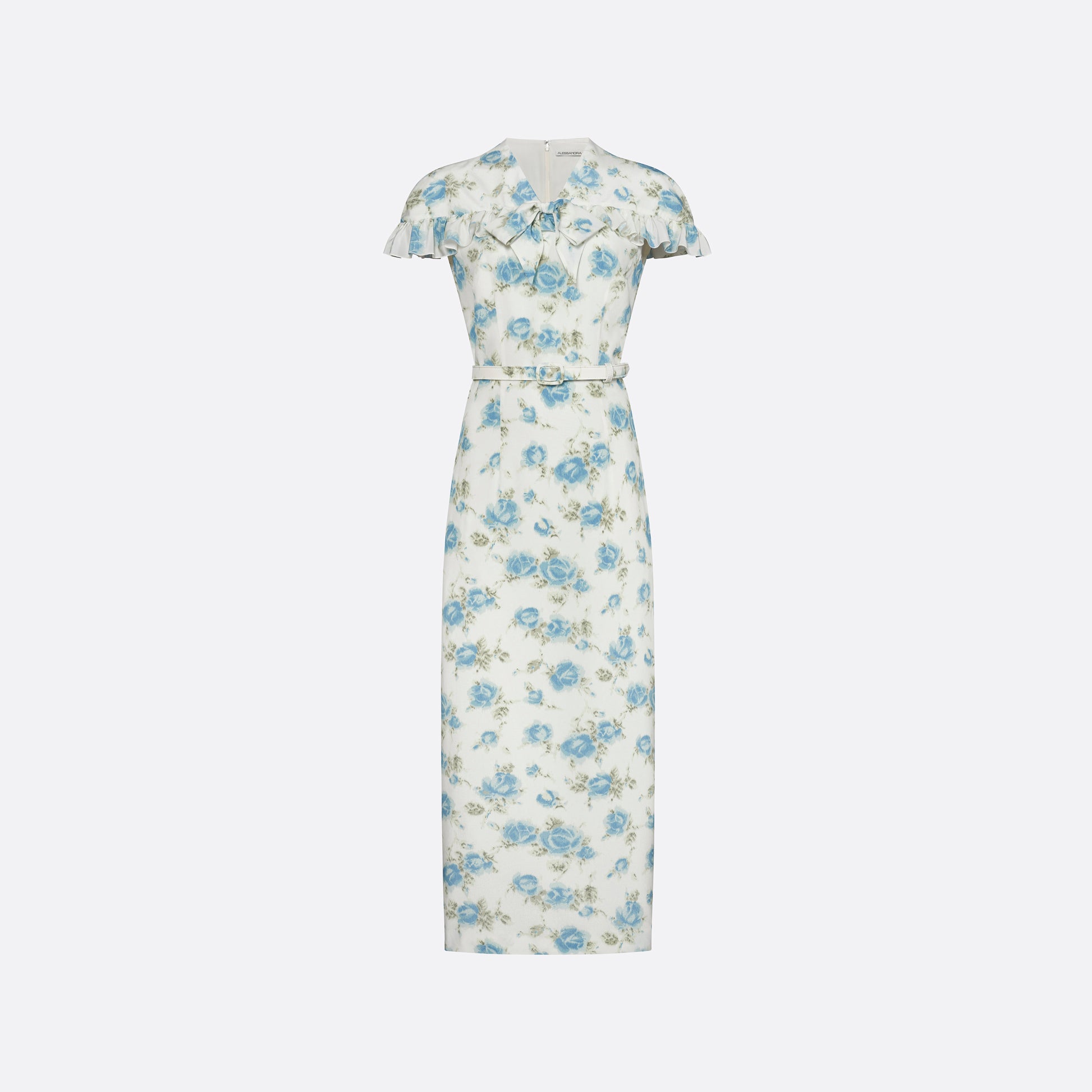 Light blue and white floral-print silk crêpe de chine midi dress with a high neckline and bow detail. With a fitted silhouette, it is finished with ruffle-trimmed short sleeves and a slim belt.

Look 14 – Fall Winter 2026 Lookbook.