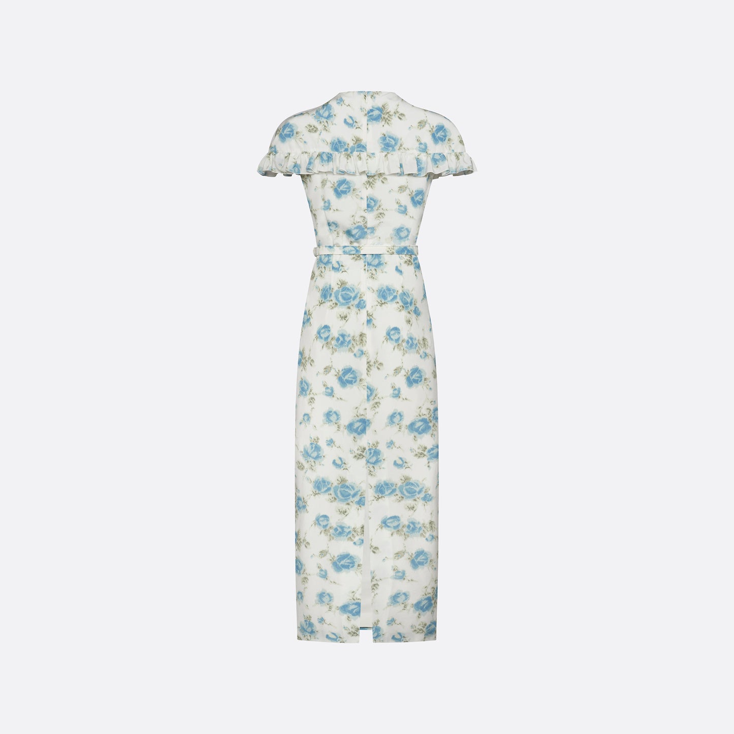 Light blue and white floral-print silk crêpe de chine midi dress with a high neckline and bow detail. With a fitted silhouette, it is finished with ruffle-trimmed short sleeves and a slim belt.

Look 14 – Fall Winter 2026 Lookbook.