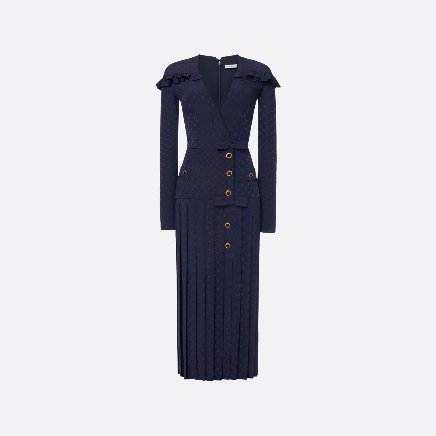 Navy blue star-jacquard silk midi dress with a wrap-effect V-neckline detailed with a ruffled trim and long sleeves. Finished with black and gold-tone buttons, bows at the waist and a pleated skirt with a front split.