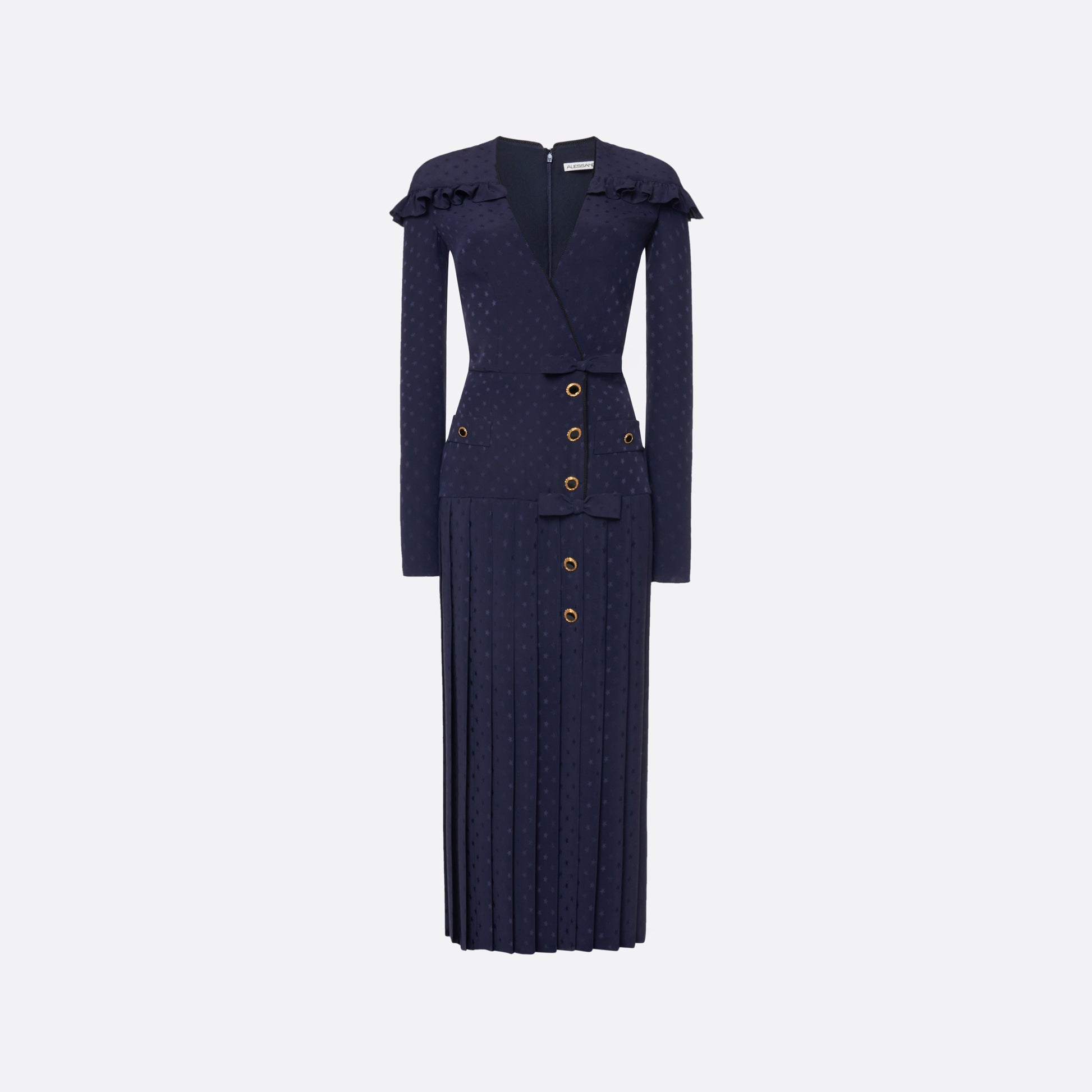 Navy blue star-jacquard silk midi dress with a wrap-effect V-neckline detailed with a ruffled trim and long sleeves. Finished with black and gold-tone buttons, bows at the waist and a pleated skirt with a front split.