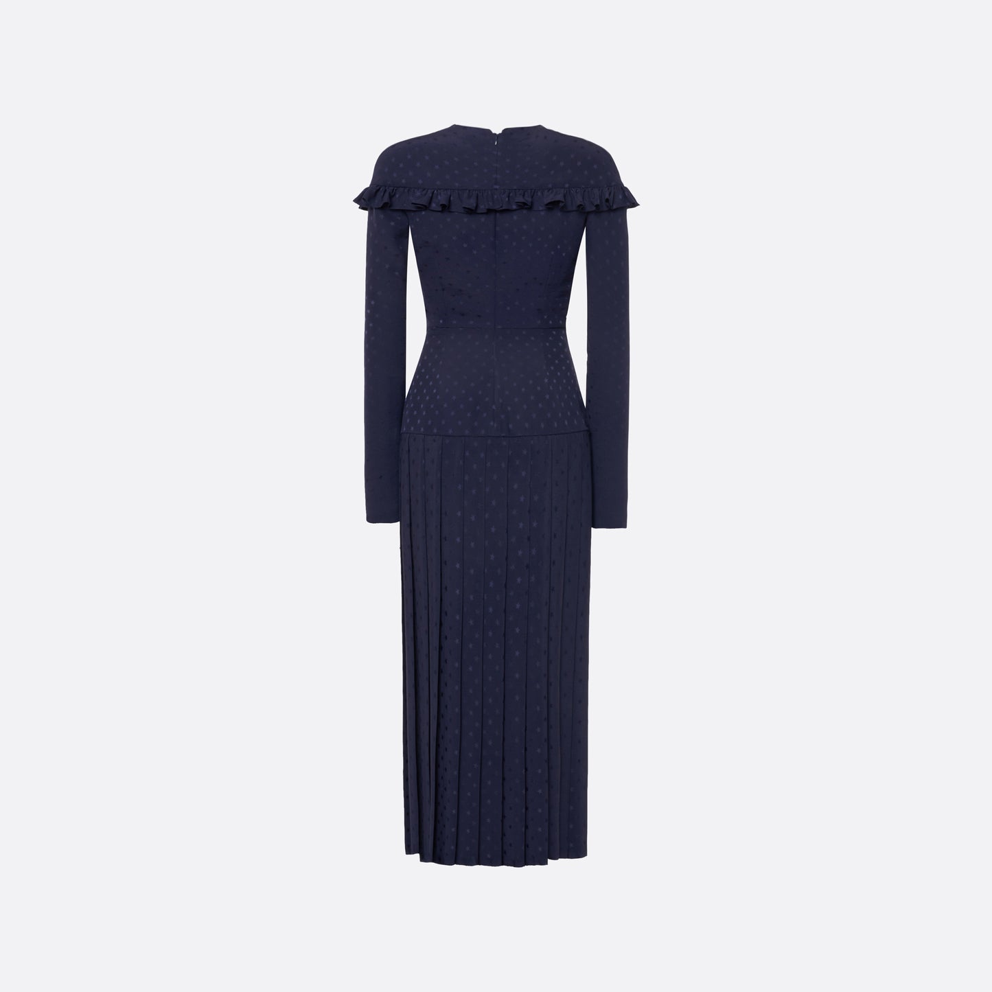 Navy blue star-jacquard silk midi dress with a wrap-effect V-neckline detailed with a ruffled trim and long sleeves. Finished with black and gold-tone buttons, bows at the waist and a pleated skirt with a front split.