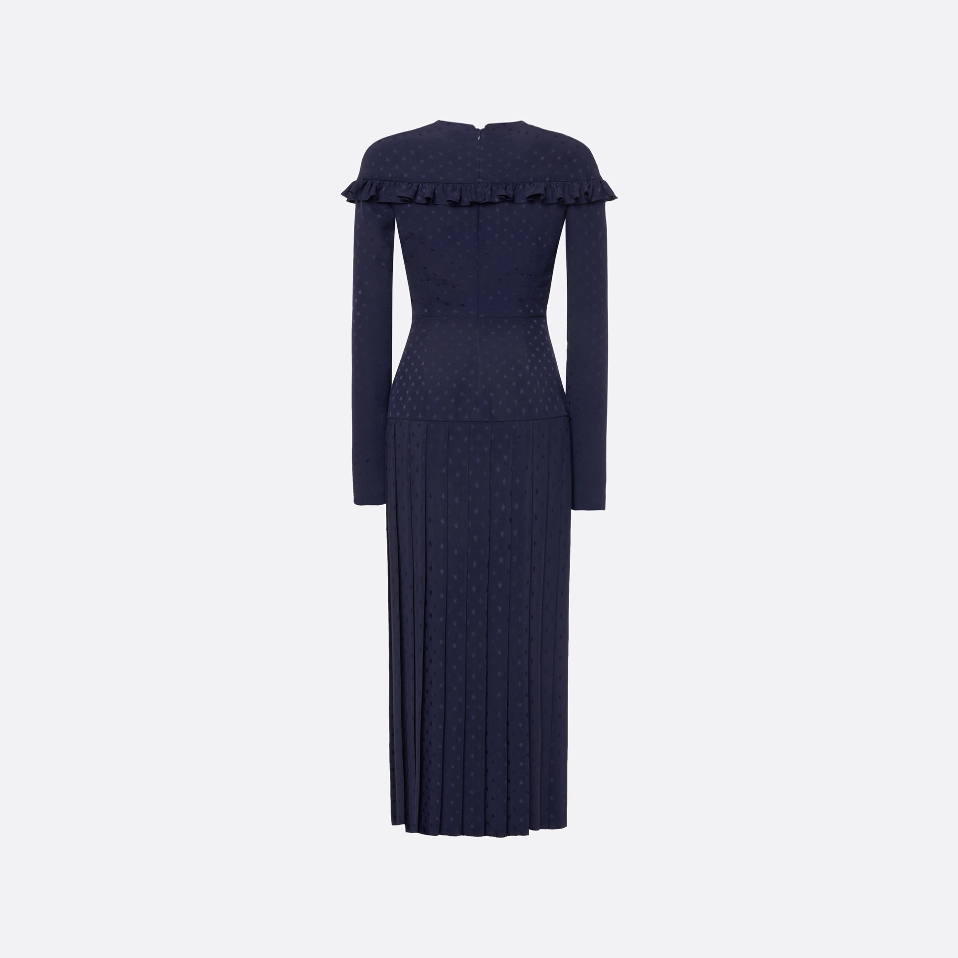 Navy blue star-jacquard silk midi dress with a wrap-effect V-neckline detailed with a ruffled trim and long sleeves. Finished with black and gold-tone buttons, bows at the waist and a pleated skirt with a front split.