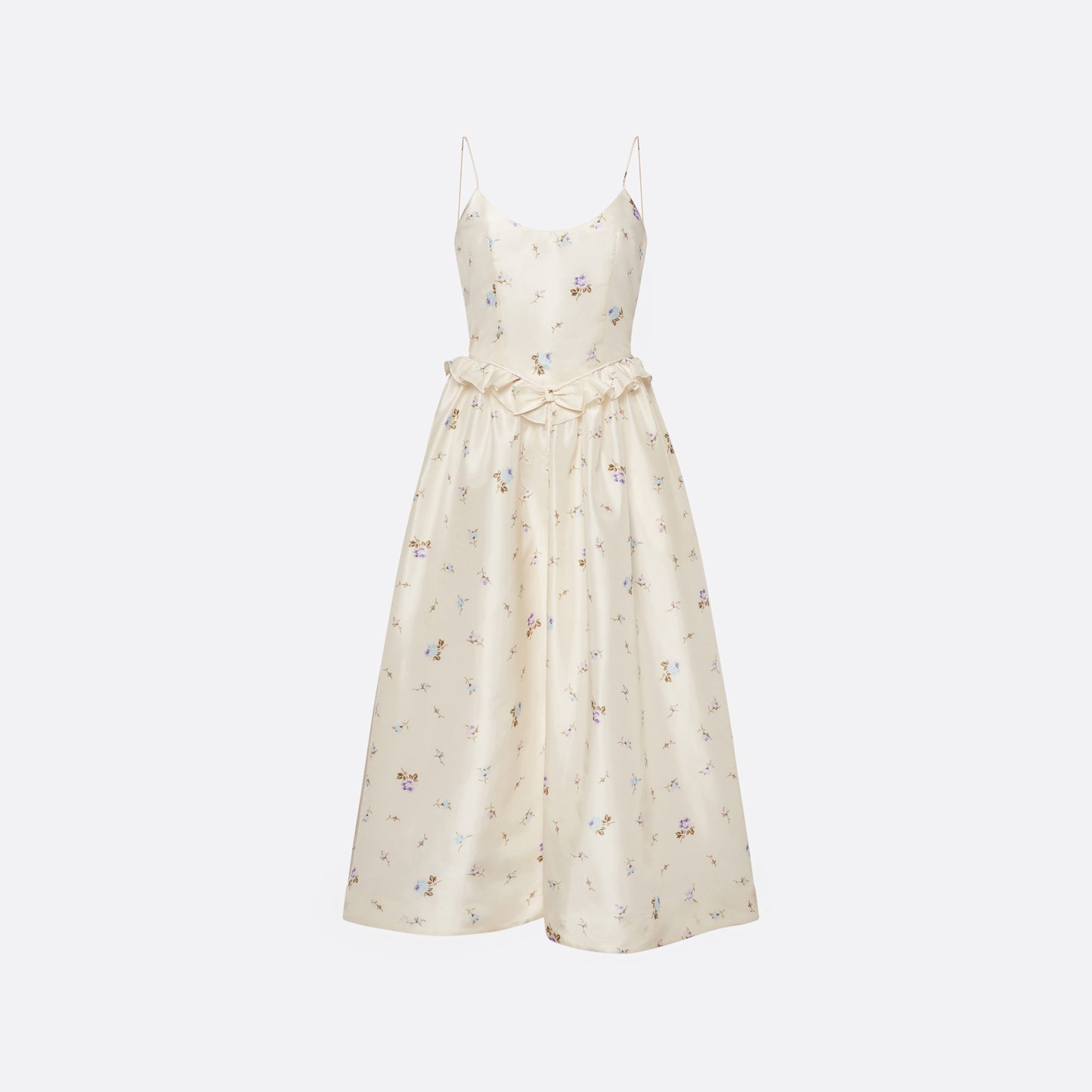 Floral-print white silk taffeta midi dress with spaghetti straps and a scoop neckline. The silhouette is finished with a flared skirt with pockets and a ruffled waist with a bow.
