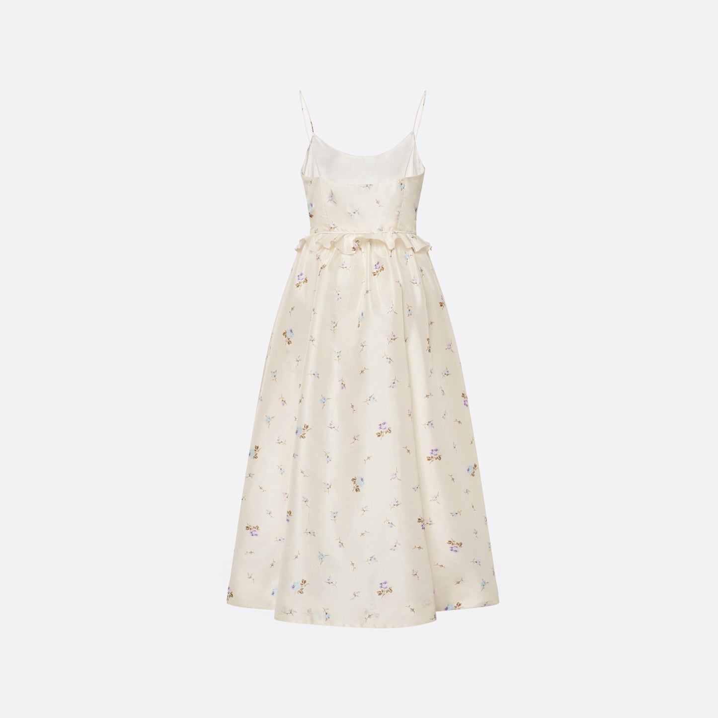 Floral-print white silk taffeta midi dress with spaghetti straps and a scoop neckline. The silhouette is finished with a flared skirt with pockets and a ruffled waist with a bow.