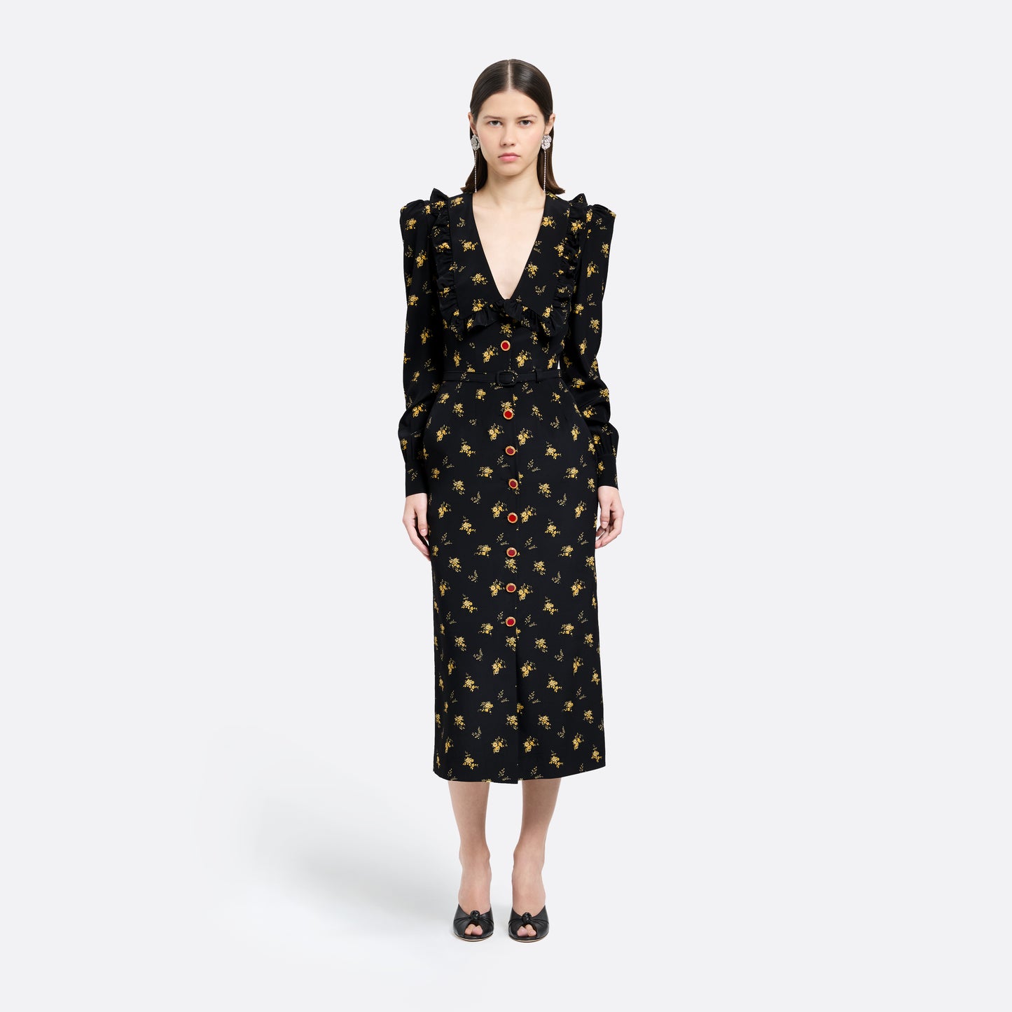 FLORAL-PRINT SILK MIDI DRESS WITH V-NECKLINE