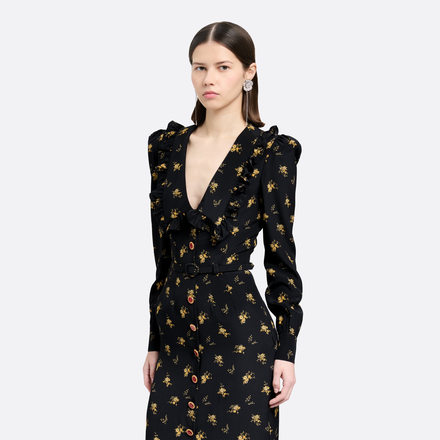 Floral-print silk crêpe de chine midi dress with a deep V-neckline framed by a ruffle-trimmed collar, a front button closure and long sleeves. Finished with red and gold-tone buttons and a slim belt.