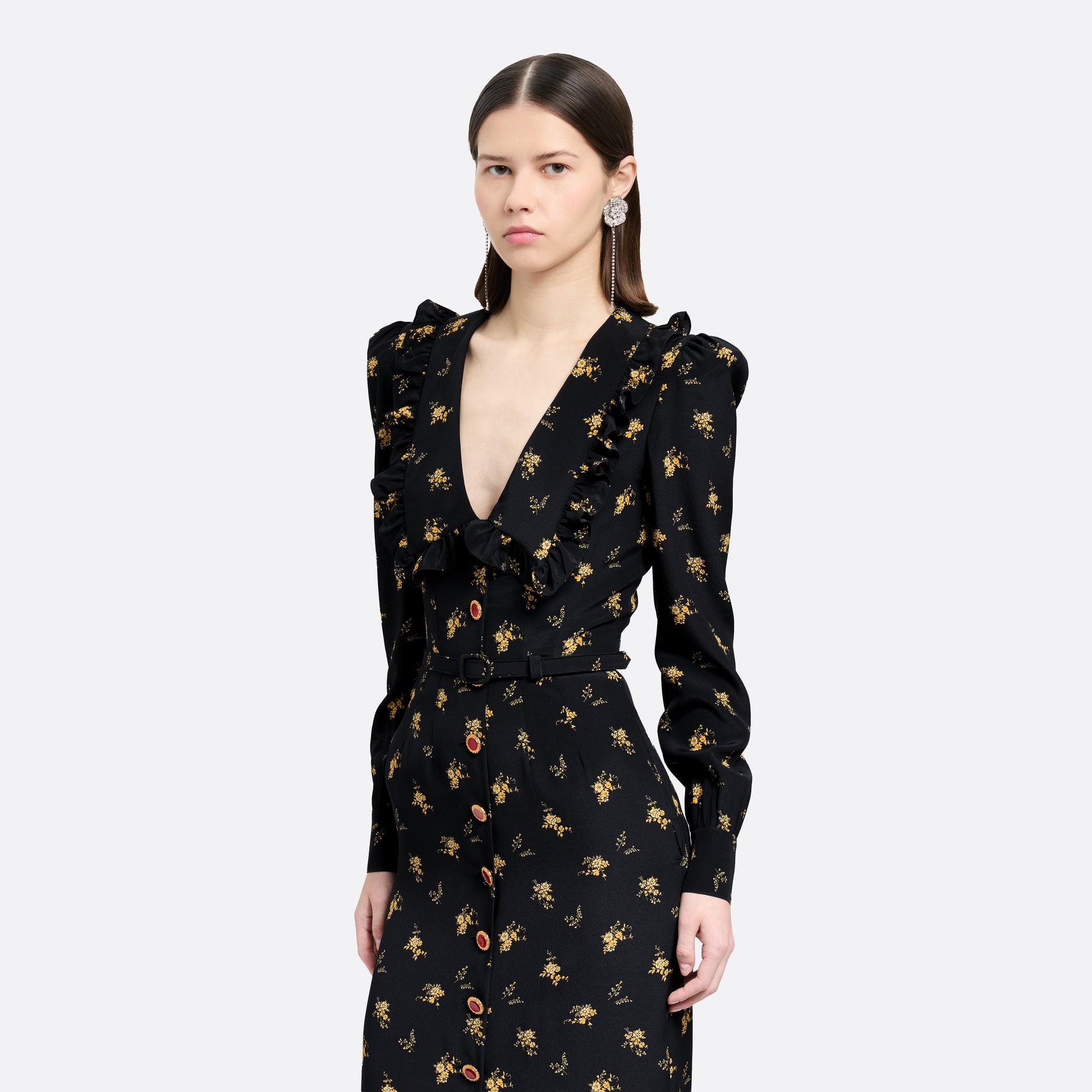 Floral-print silk crêpe de chine midi dress with a deep V-neckline framed by a ruffle-trimmed collar, a front button closure and long sleeves. Finished with red and gold-tone buttons and a slim belt.