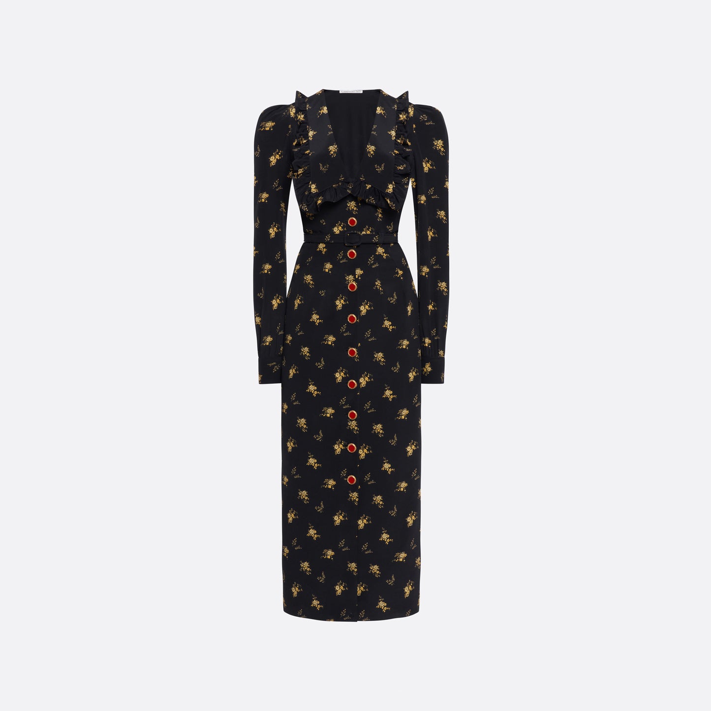 Floral-print silk crêpe de chine midi dress with a deep V-neckline framed by a ruffle-trimmed collar, a front button closure and long sleeves. Finished with red and gold-tone buttons and a slim belt.