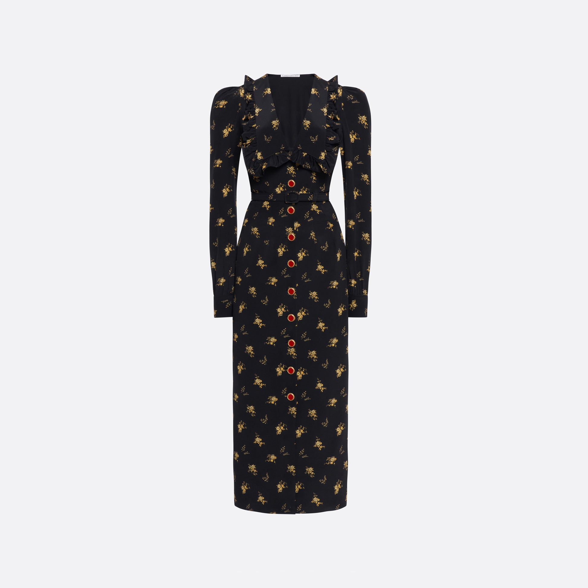 Floral-print silk crêpe de chine midi dress with a deep V-neckline framed by a ruffle-trimmed collar, a front button closure and long sleeves. Finished with red and gold-tone buttons and a slim belt.