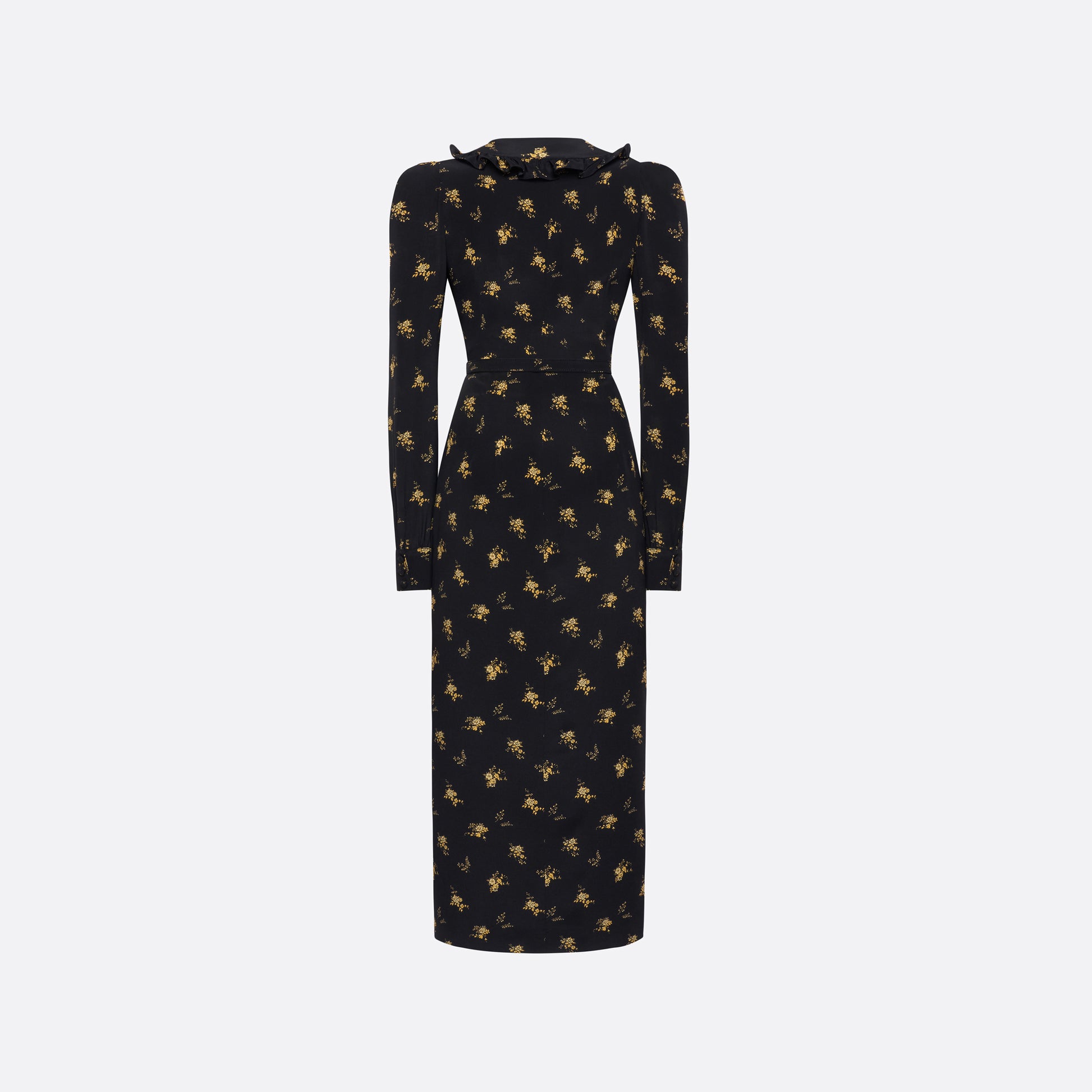 Floral-print silk crêpe de chine midi dress with a deep V-neckline framed by a ruffle-trimmed collar, a front button closure and long sleeves. Finished with red and gold-tone buttons and a slim belt.