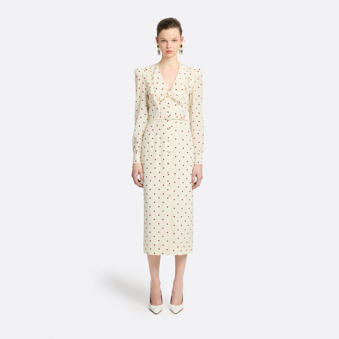 Cream and bordeaux polka-dot silk crêpe de chine midi dress with a deep V-neckline framed by a ruffle-trimmed collar, a front button closure, long sleeves and a slim belt.