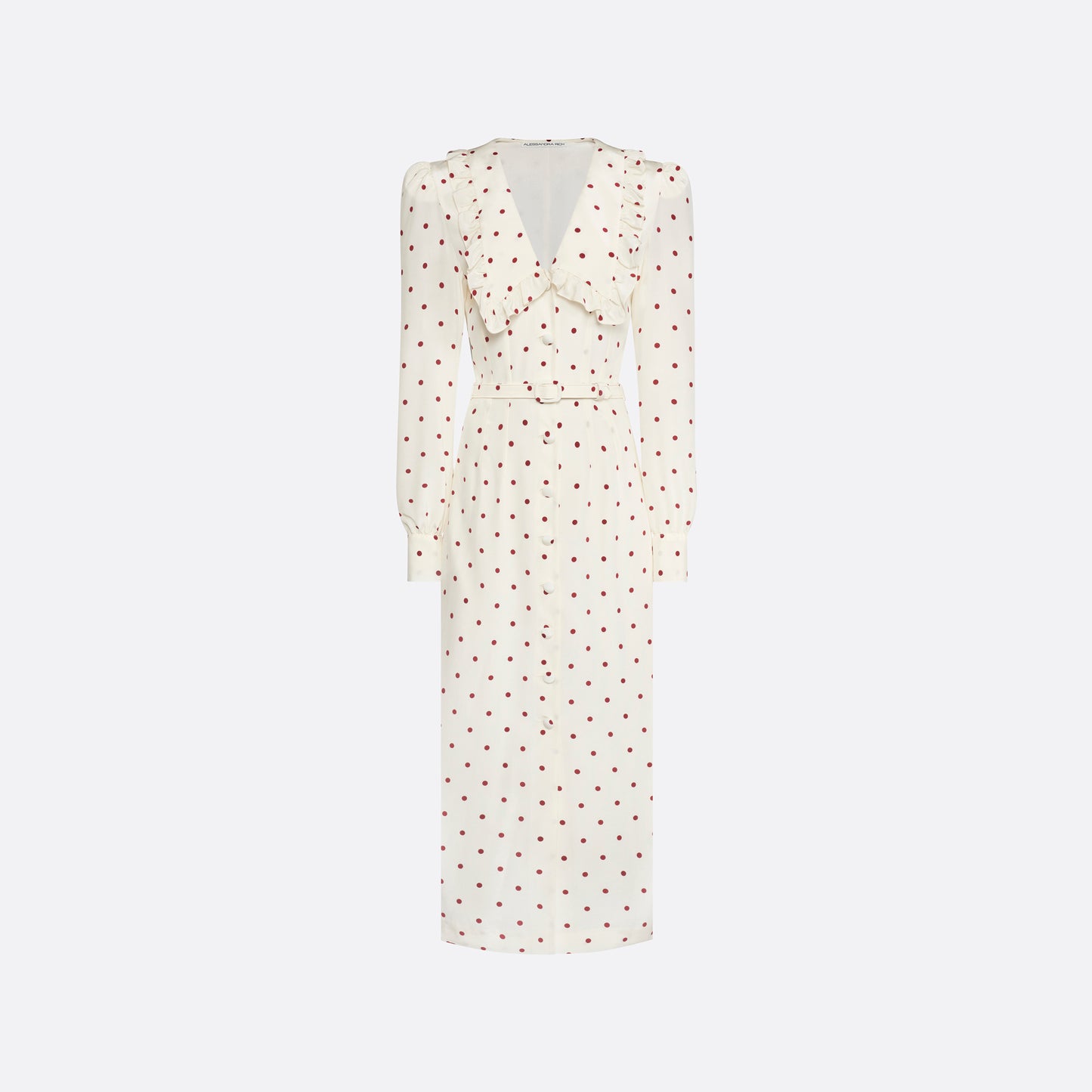Cream and bordeaux polka-dot silk crêpe de chine midi dress with a deep V-neckline framed by a ruffle-trimmed collar, a front button closure, long sleeves and a slim belt.