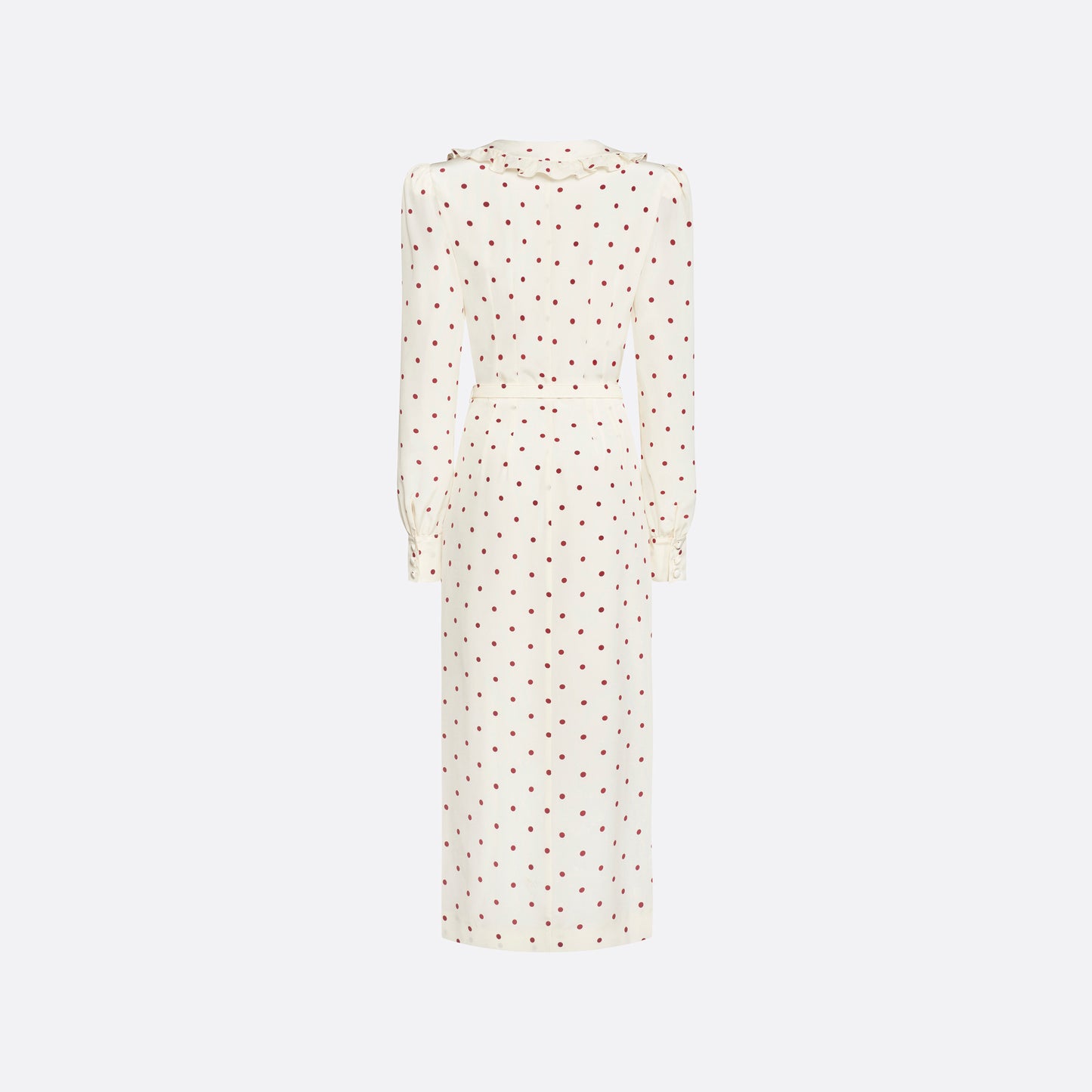 Cream and bordeaux polka-dot silk crêpe de chine midi dress with a deep V-neckline framed by a ruffle-trimmed collar, a front button closure, long sleeves and a slim belt.
