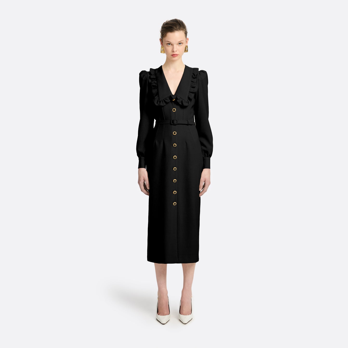 LIGHT WOOL CRÊPE MIDI DRESS WITH V-NECKLINE