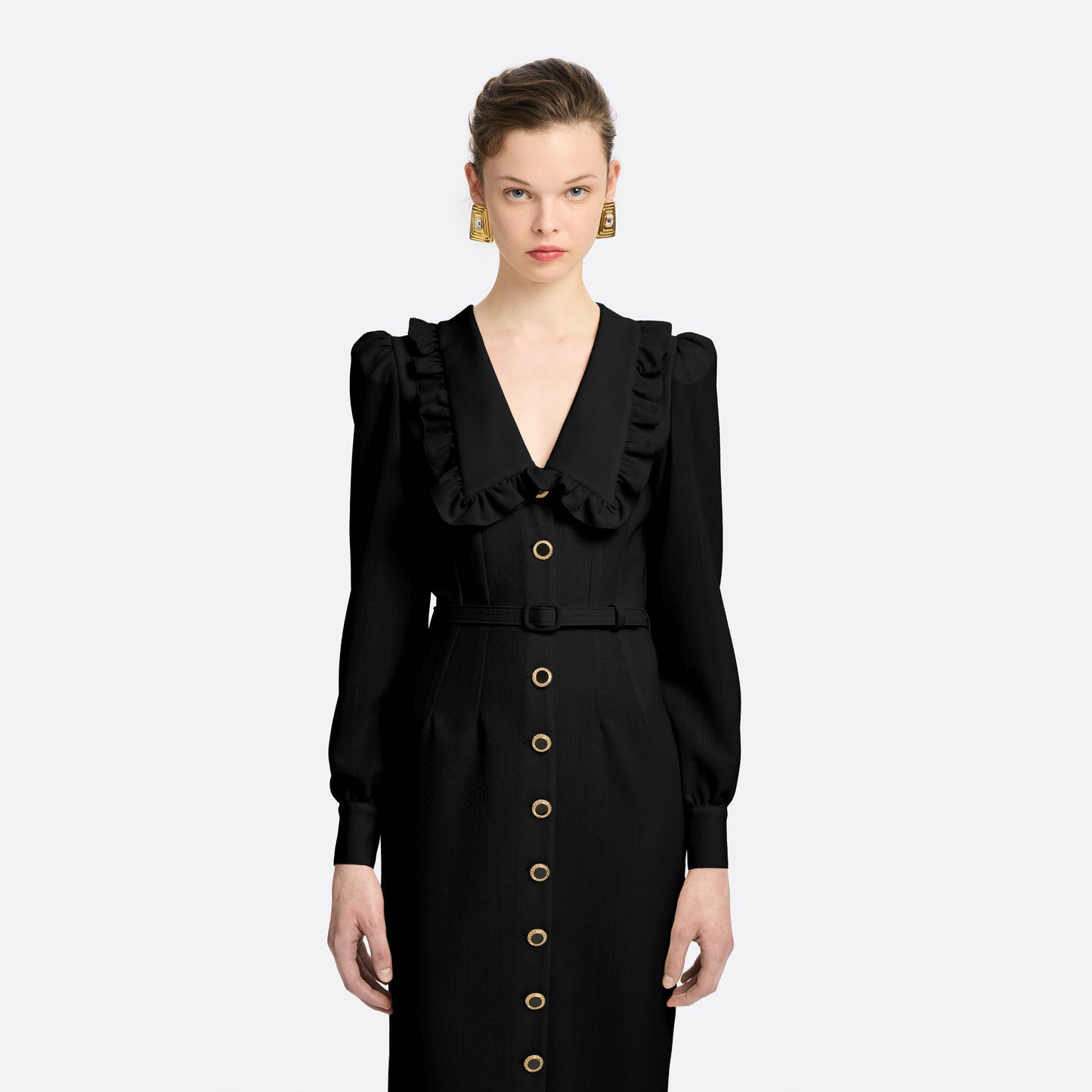 LIGHT WOOL CRÊPE MIDI DRESS WITH V-NECKLINE
