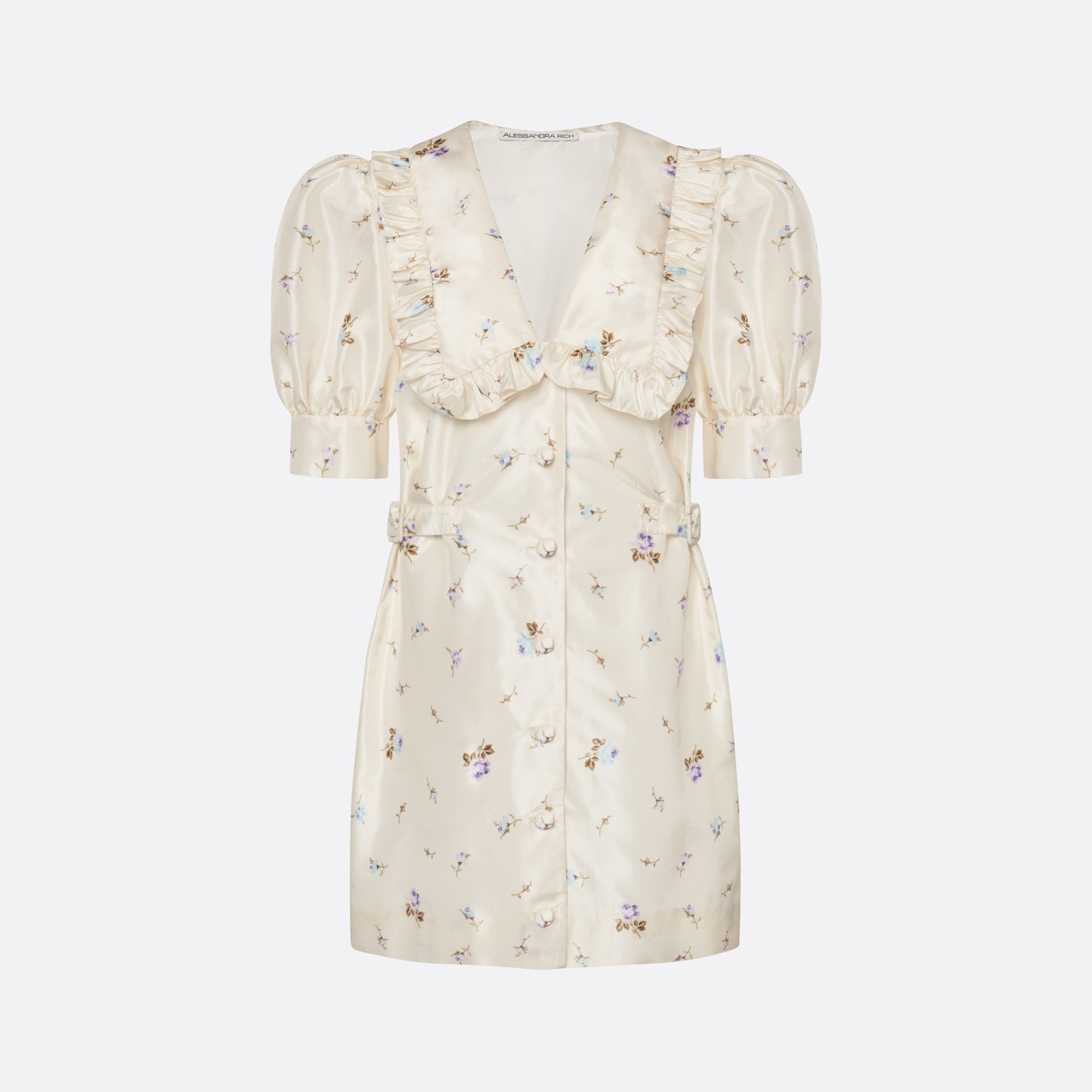 Floral-print white silk taffeta mini dress with a front button closure, ruffled collar and puff sleeves. Finished with side buckles and pockets.