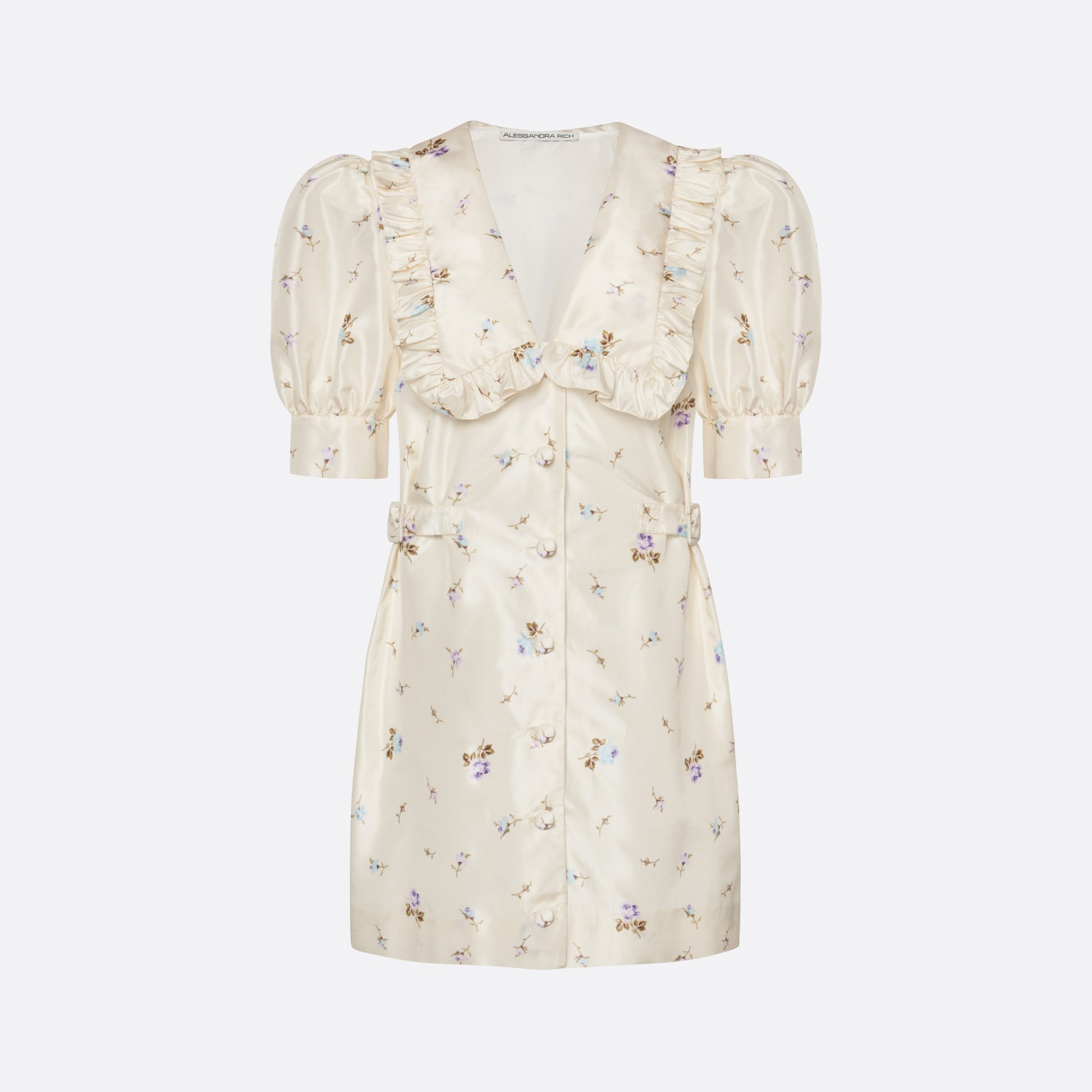 Floral-print white silk taffeta mini dress with a front button closure, ruffled collar and puff sleeves. Finished with side buckles and pockets.